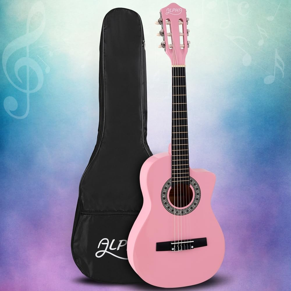 Alpha 34 Inch Guitar, Acoustic Classical Full Size Wooden Guitars Musical Instruments Kids Adult Children Beginner, 19 Frets and 6 Strings with Carry Bag, 3 Picks Pink image number 4