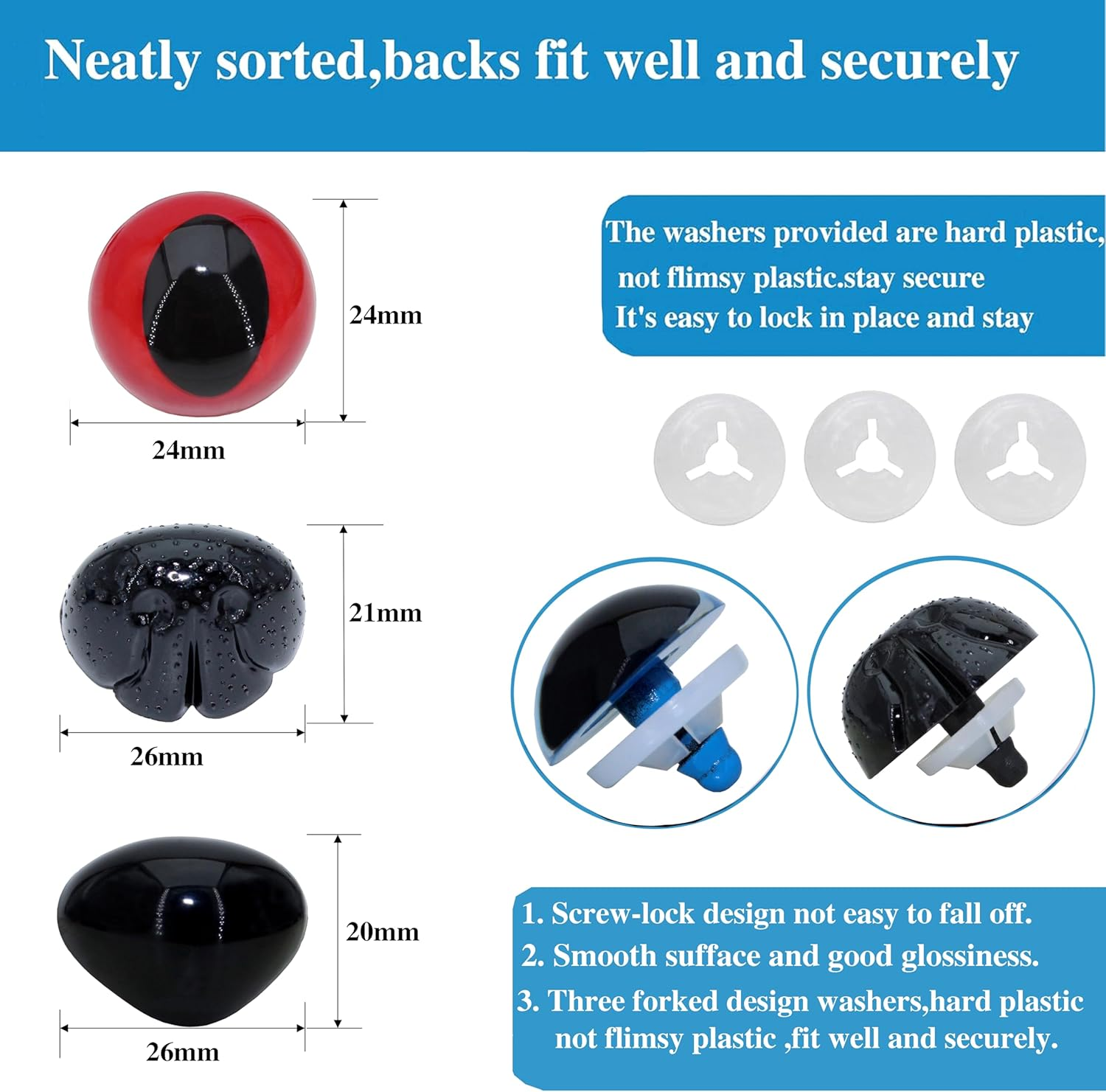 BESTCYC 1Box(30Pcs) Large Plastic Safety Eyes and Nose - 5Colors 24Mm Solid Plastic Safety Eyes Craft Eyes and 26.5Mm Black Safety Nose Dog Nose Craft Nose with Washers for Teddy Bear Doll Plush Animal Puppet Crafts image number 2