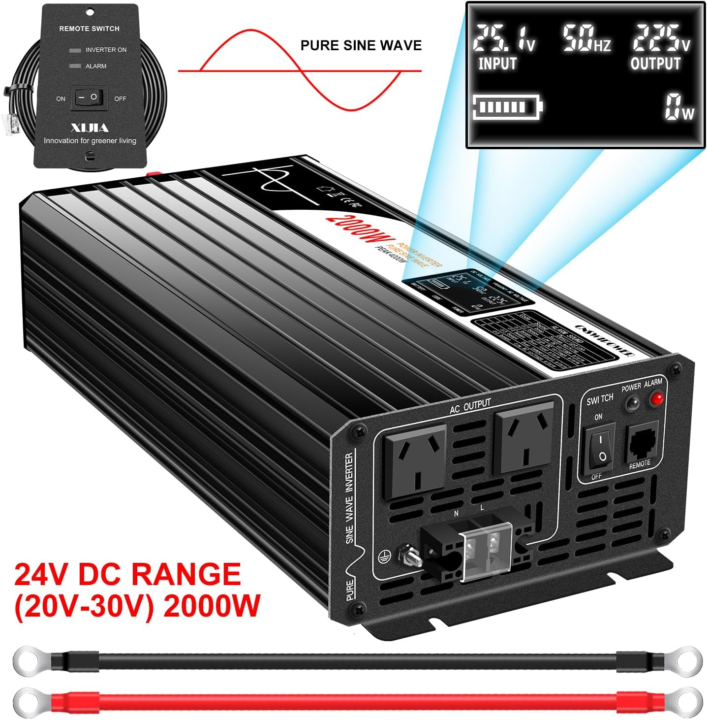 Xijia Pure Sine 2000W DC 24V to AC 240V Solar Power Inverter for Camping Boat (DC24V (Range 20V-30V) 2000W) image number 2