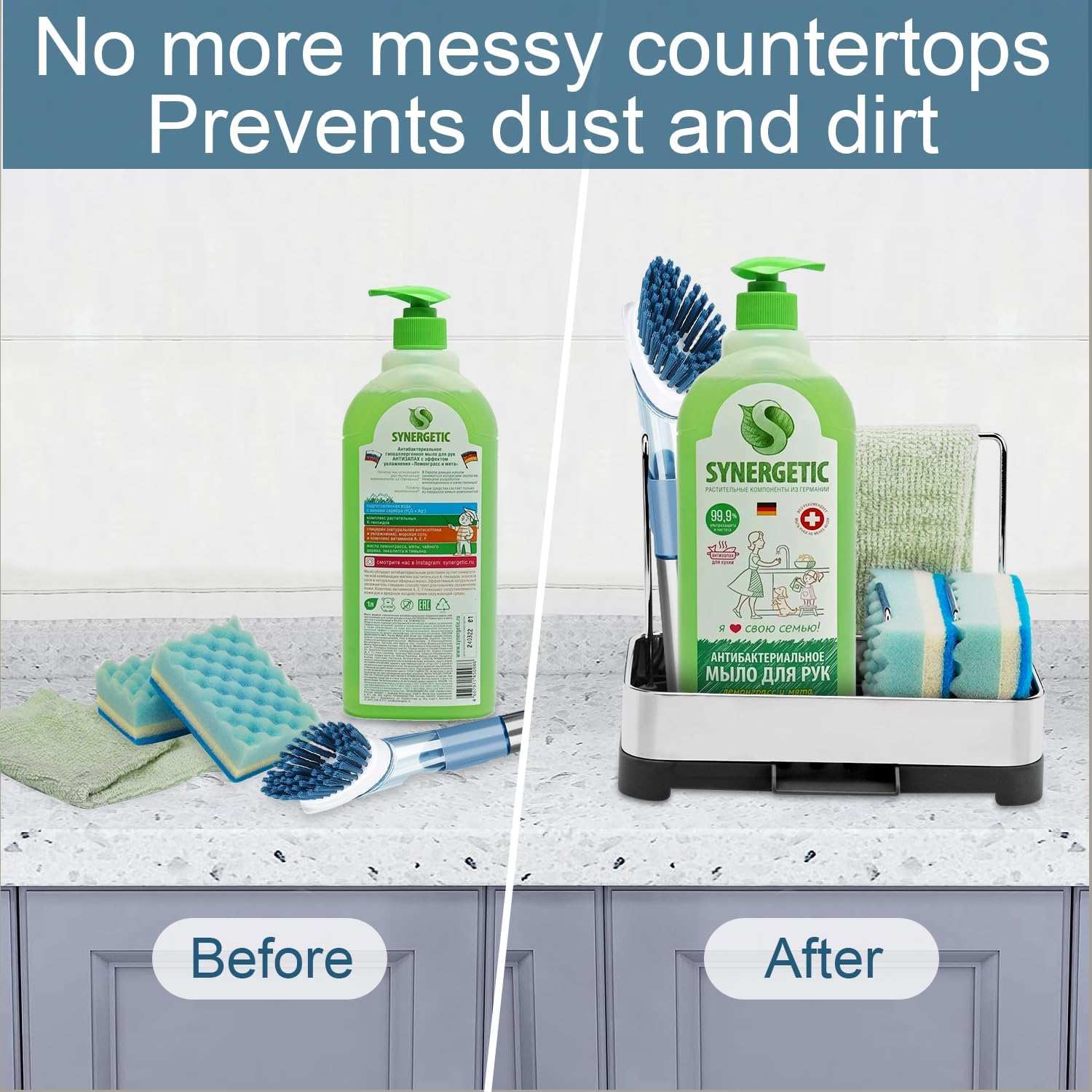 BYUNER Kitchen Sink Caddy Organiser, Sponge Holder for Kitchen Sink Tray Soap Organiser, Dish Organizer Brush Holder Tray Stainless Steel, Cleaning Caddy for Sponges Scrubbers Holders