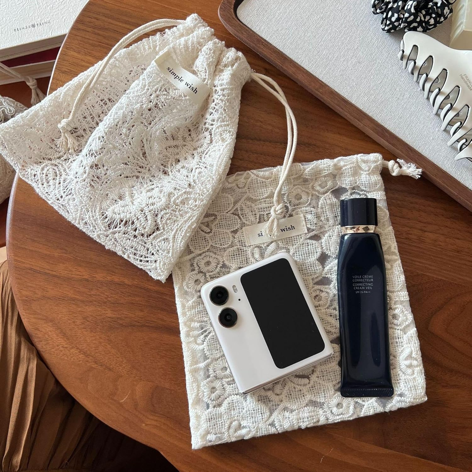 Sminra Mesh Drawstring Makeup Bag Pouch Lace Organizer, Small Drawstring Coquette Aesthetic Cute Travel Toiletry Insert Bag Gift for Women and Girls, Bonestring Embroidery, Aesthetic - Cotton Floral Embroidery image number 7