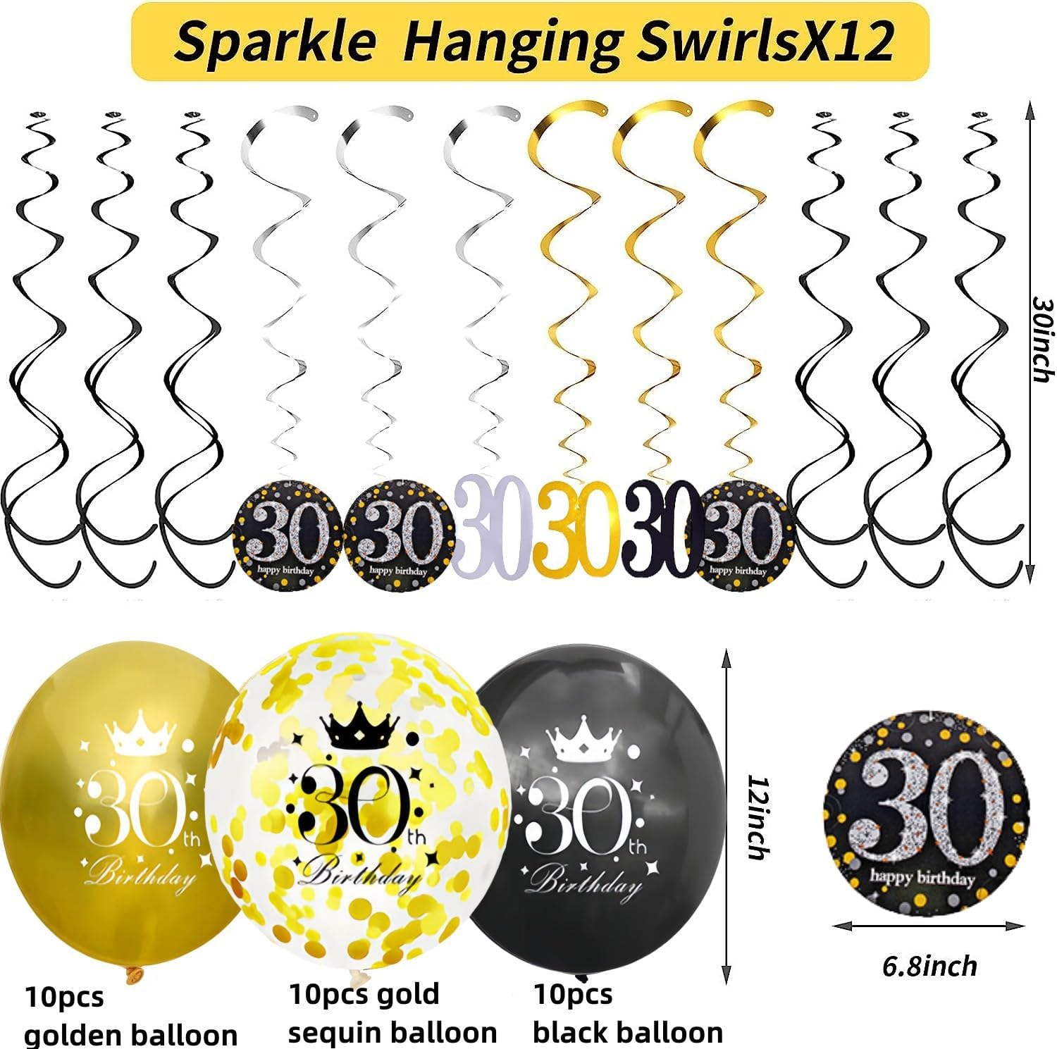 Happy Birthday Party Decorations Kit - Black Gold Glittery Backdrop Banner, Balloon, Hanging Swirls for Men Women (30Th) image number 3