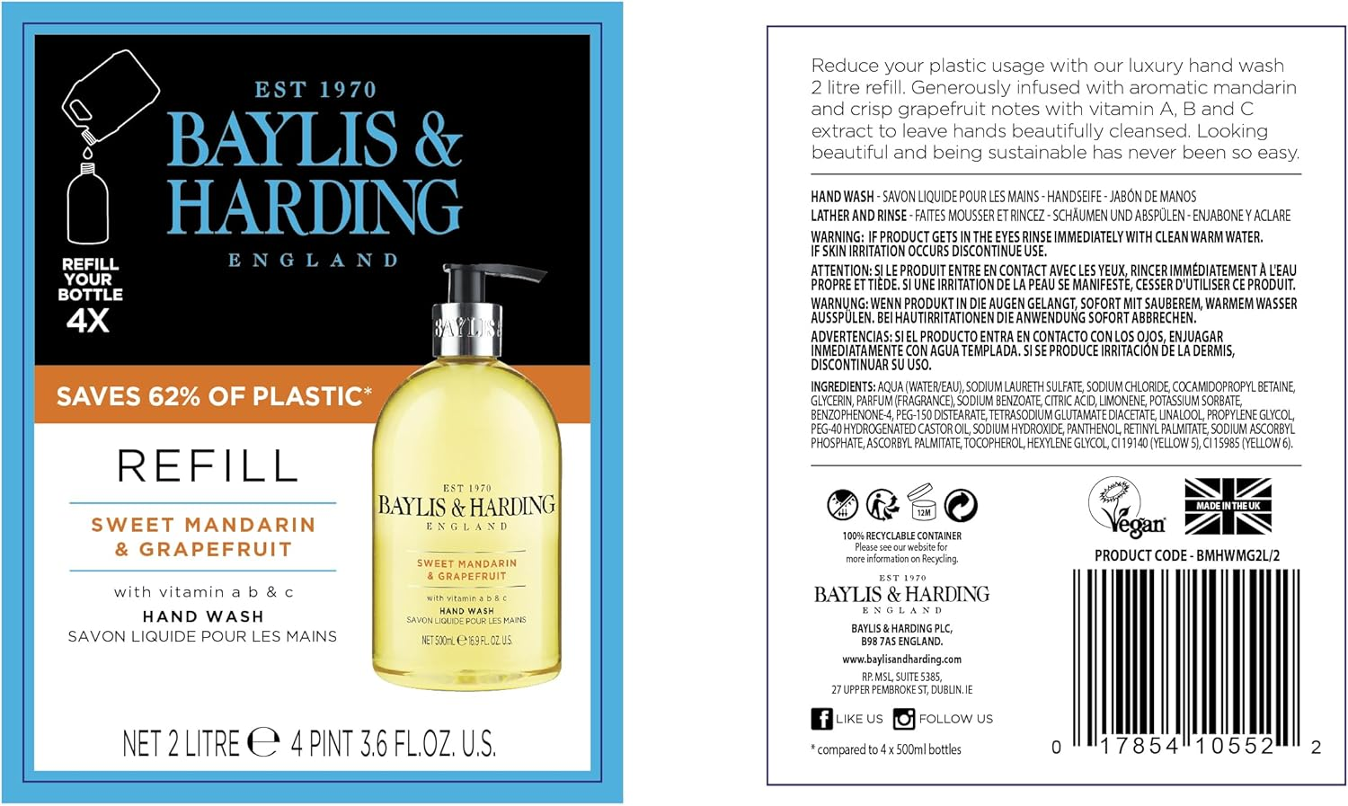 Baylis & Harding Sweet Mandarin and Grapefruit Hand Wash 2 Litre Refill (Pack of 3 - Total 6 Litres) - Vegan Friendly image number 2