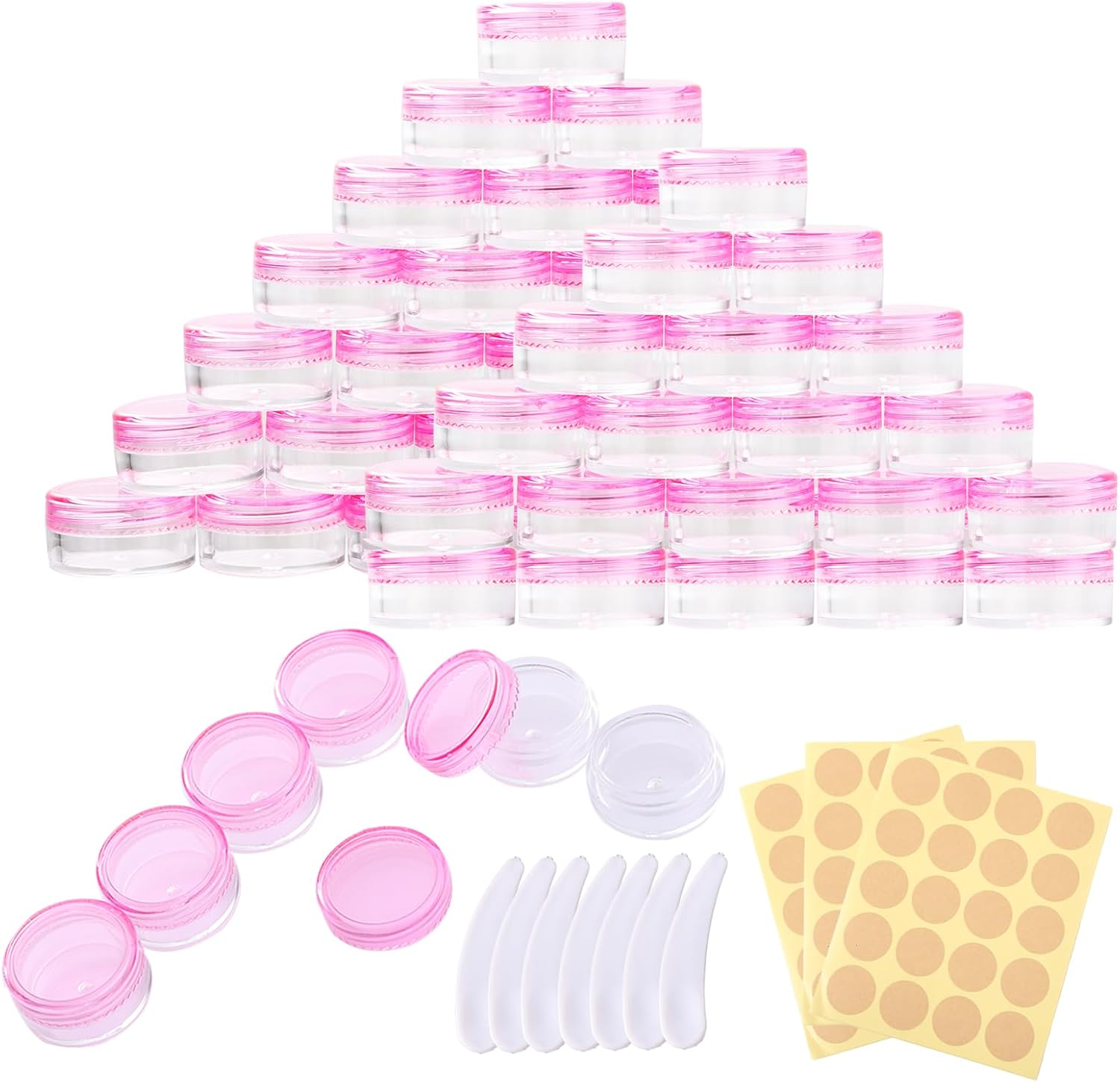 71Pcs 5 Gramscosmetic Jars,Plastic Container Jars Makeup Travel Containers with Lids for Lotion, Cream, Ointments, Makeup, Eye Shadow, Rhinestone, Samples, Travel Storage(Transparent Pink)