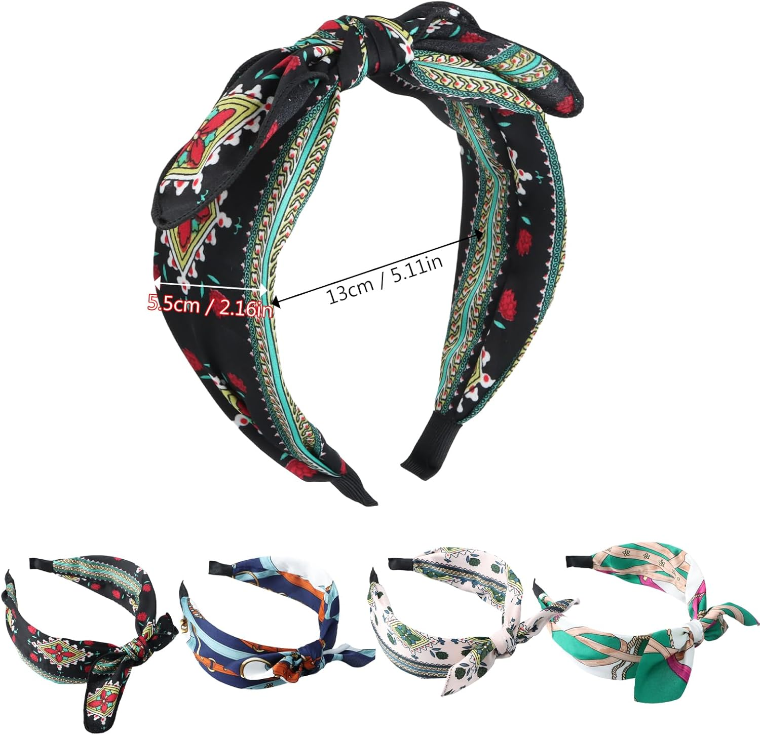 Pack of 4 Headbands for Women, Wide Printed Fabric Hair Band, Bow Hair Band, Non-Slip Knot Headband for Daily Wear/Dating/Sports/Outdoor (4 Designs)