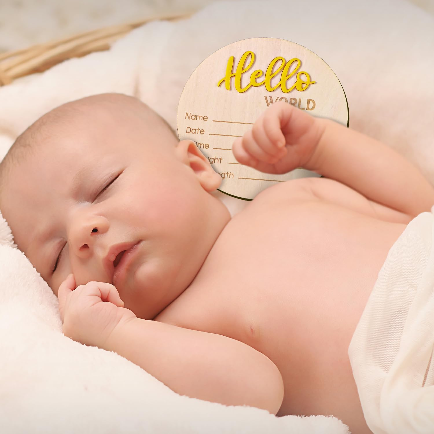 Announcement Sign Baby, 15 Cm Wooden "Hello World" Welcome Sign for Newborn Name Plate Baby Birth for Photo Props Baby Shower Hospital Nursery (Yellow)