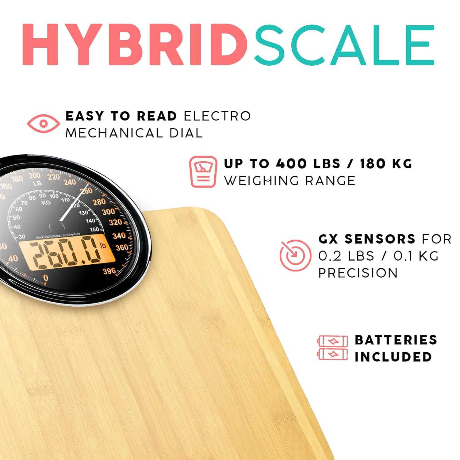 Adamson Hybrid 2-In-1 Analog & Digital Weighing Scale for Body Weight up to 400Lbs + Thick Tempered Glass + Extra Large Display + Easy to Read Digital Bathroom Scale + New Version - Wood image number 1