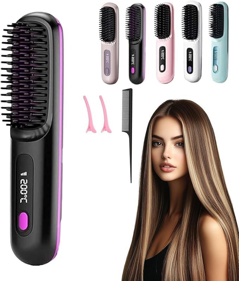 Go Brush Pro, 2025 Cordless Hair Straightener Brush, Portable Straightening Comb for Travel, Portable Mini Hot Comb with Negative Ions Smoother, Rechargeable Heated Brushes (Black) image number 2