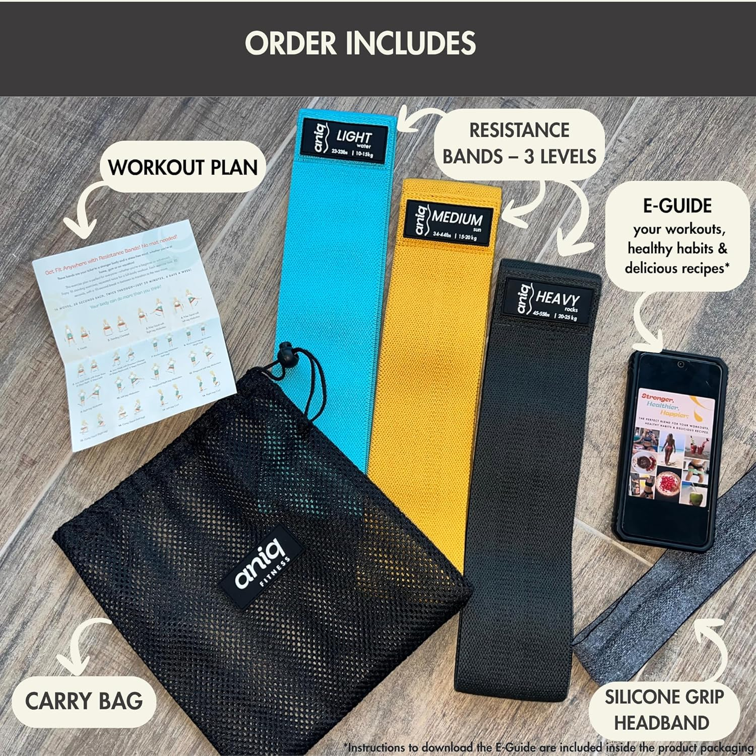 Fabric Resistance Bands Set for Women & Men &ndash; Non-Slip Booty Bands for Legs & Glutes &ndash; Includes Headband & Workout Guide & E-Guide &ndash; Ideal for Yoga, Pilates & Home Workouts by ANIQ&trade; image number 5