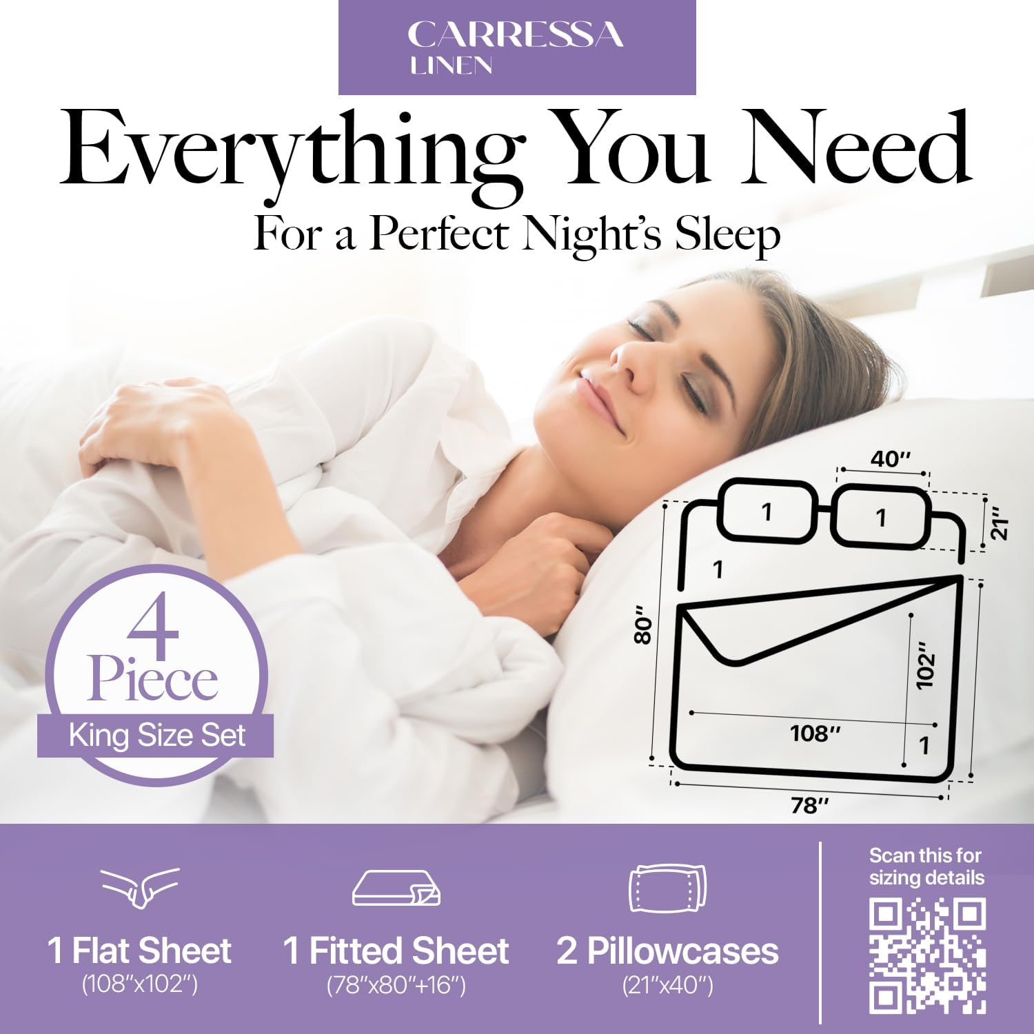 Carressa Linen 100% Egyptian Cotton King Size Sheets Set - 600 Thread Count Egyptian Cotton Sheets King Size (4 PC, Crisp White), Soft, Cooling, 16" Deep Pocket Sateen Weave Luxury Bed Sheet image number 6