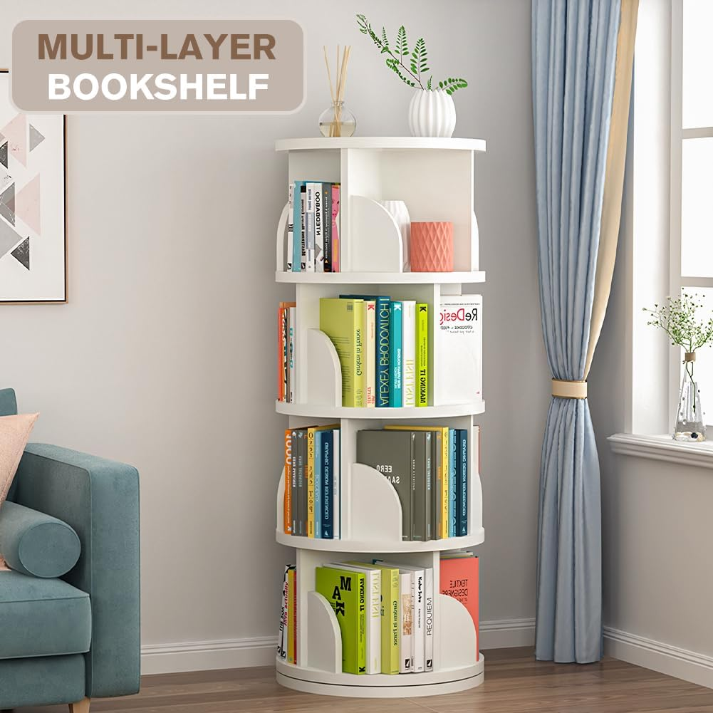 4 Tier Rotating Stackable Shelves Display Bookshelf Organizer Floor Standing Corner Narrow Revolving Bookcase for Living Room, Bedroom (White) image number 5