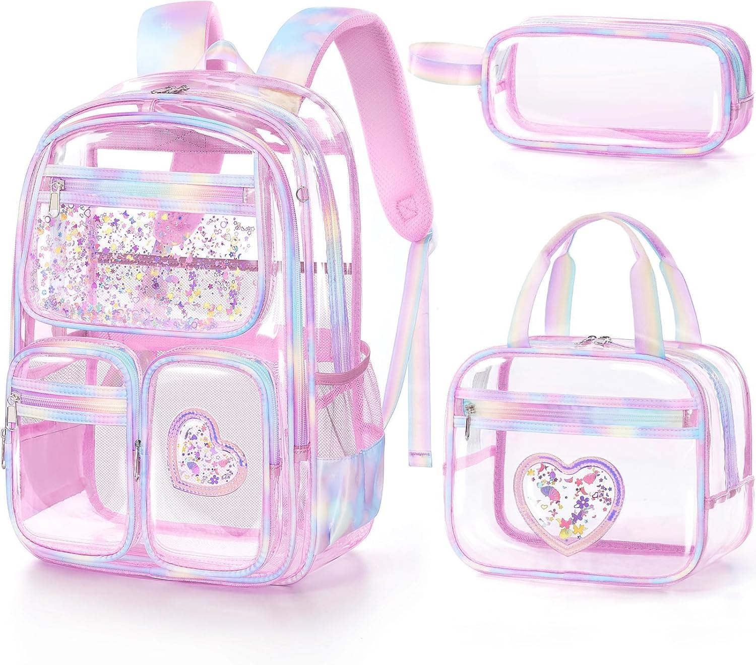 Fimibuke Clear Backpack for Girls, 3PCS Heavy Duty PVC Transparent Kids Backpack for Teen Girl with Lunch Box & Pencil Case - Beige image number 3