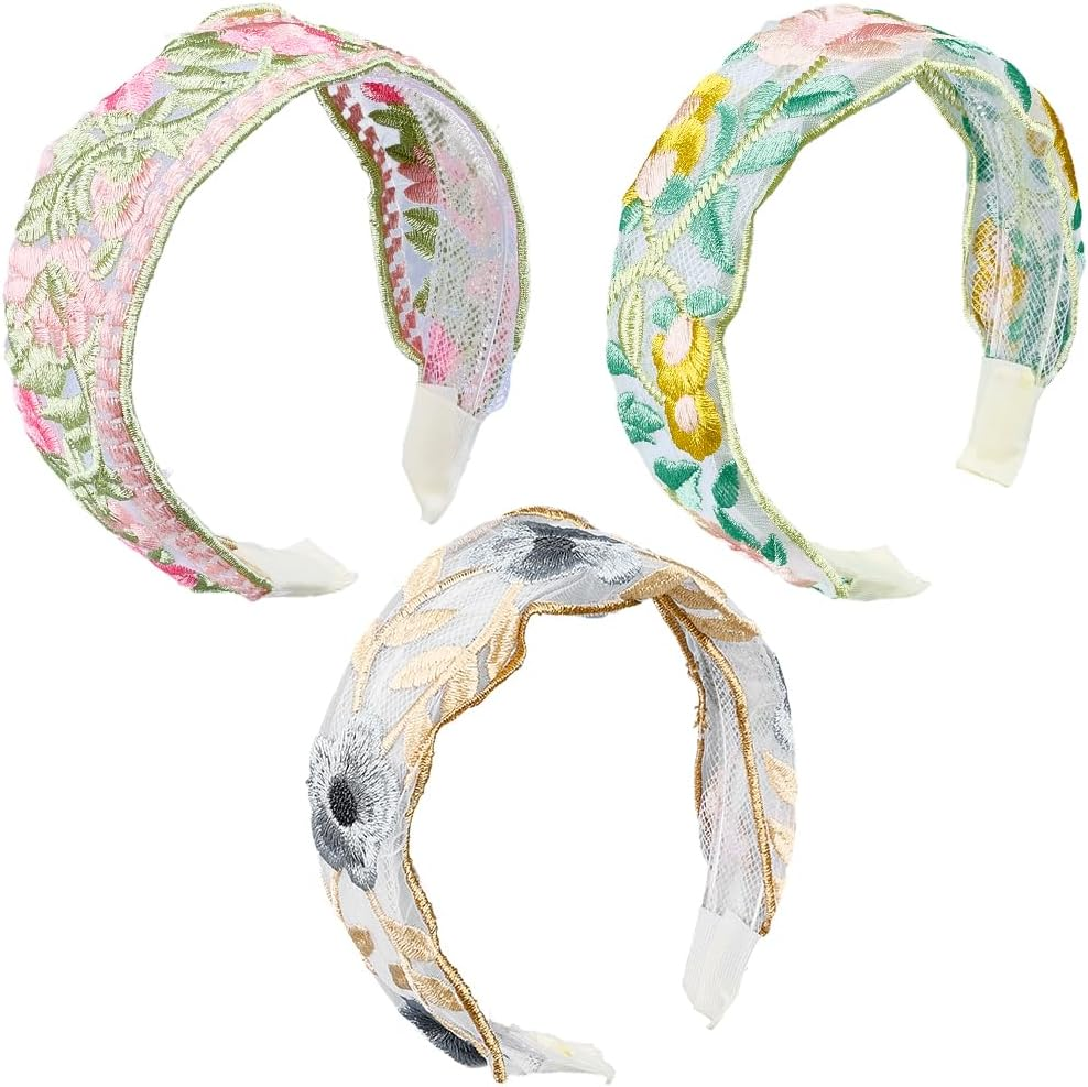 CABODYALS Pack of 3 3 Colours Colourful Floral Lace Headband Floral Embroidery Boho Vintage Hair Bands Fashionable Wide Elastic Embroidered Headband Set for Women Wedding Outfit Dress Hair Acc image number 3
