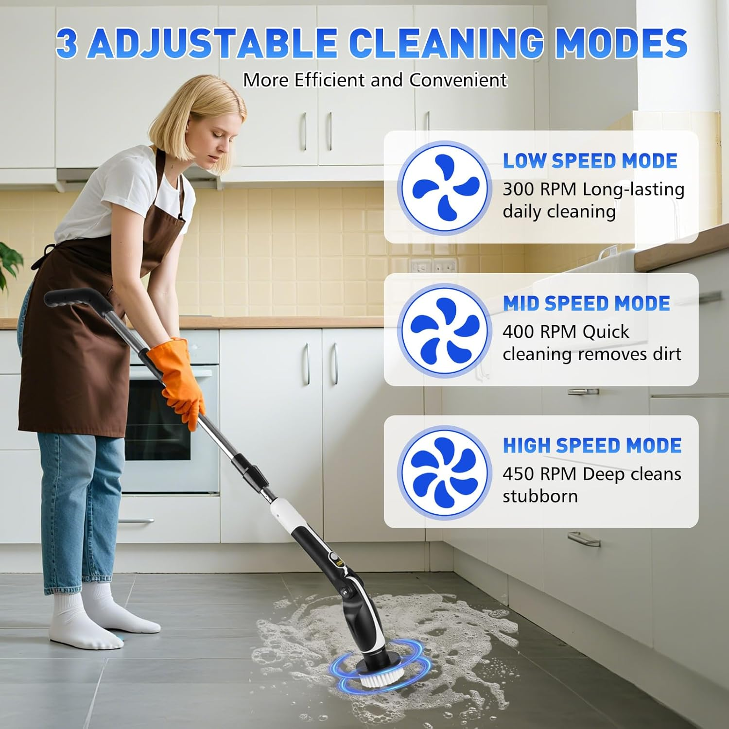Electric Pin Scrubber: Cordless Electric Cleaning Brush with 9 Replaceable Brush Heads, 3 Speed Shower Power Scrubber with Adjustable Handle, for Floor Wall Tile Car Sink Shower Tub Bathroom image number 6