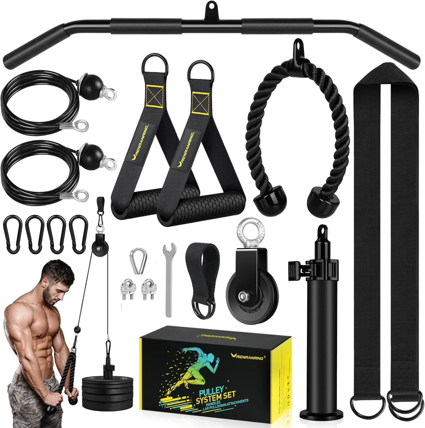 RENRANRING Fitness LAT and Lift Pulley System Gym - Upgraded LAT Pull down Cable Machine Attachments, Loading Pin, Handle and Tricep Rope, for Biceps Curl, Forearm, Triceps Exercise Gym Equipment image number 2