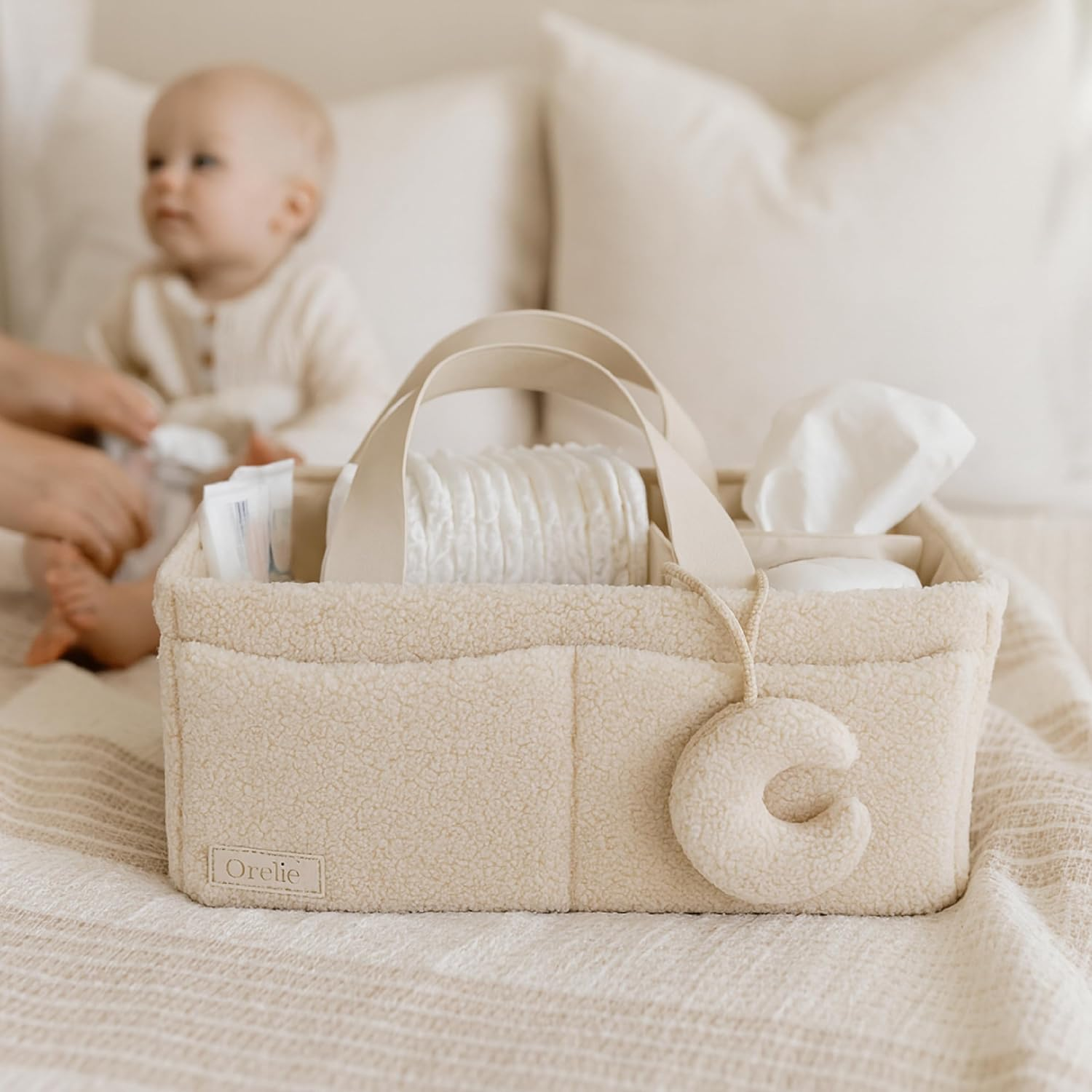 Orelle Sherpa Diaper Caddy Organizer with Matching Pouch | Portable Changing Table Organizer | Teddy Diaper Caddy | Baby Shower Gifts | Baby Organizers and Storage | Boucle Baby Basket | Cream image number 6