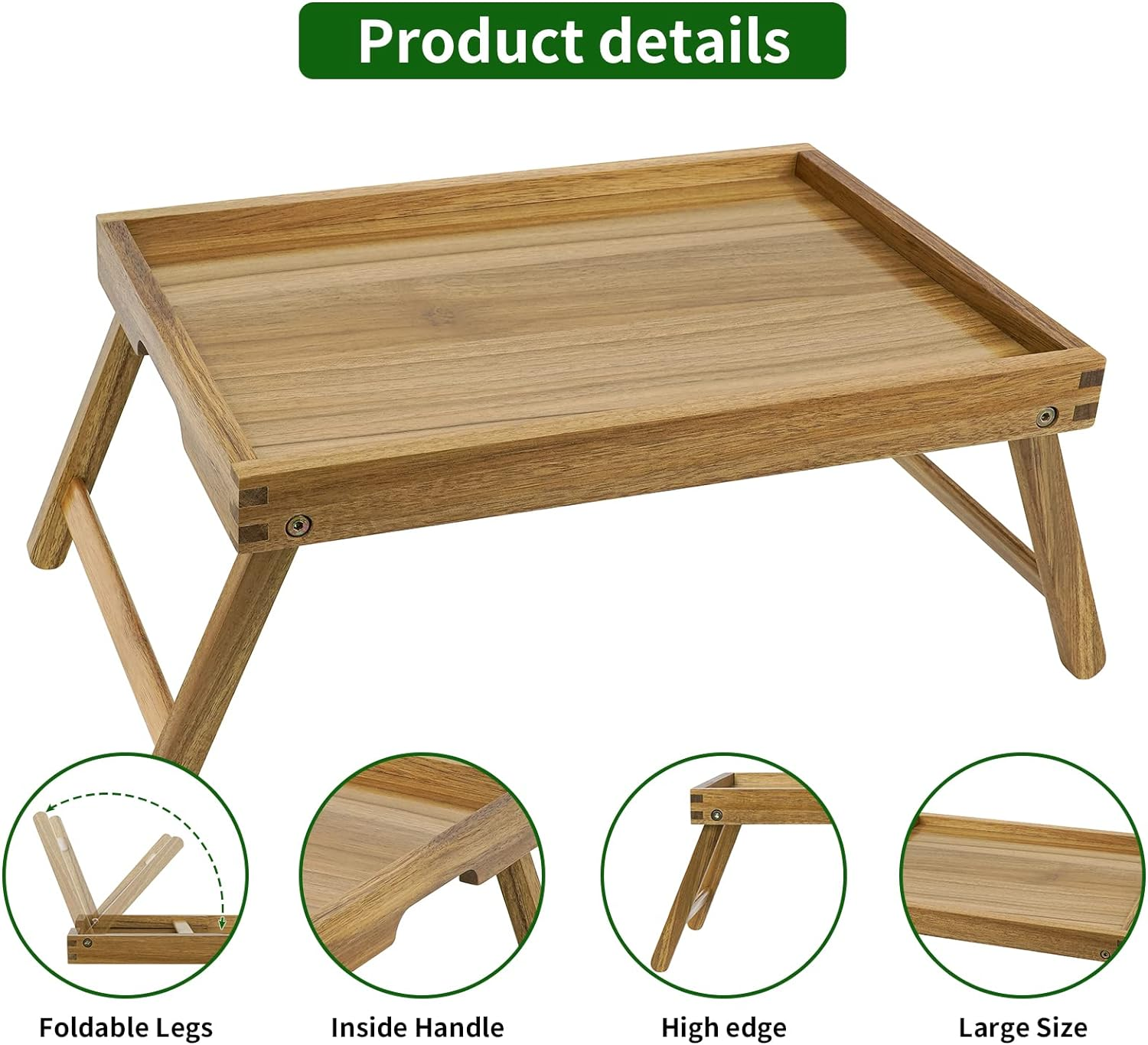Vaefae Acacia Bed Table Tray, Wooden Breakfast Tray with Folding Legs, Bed Tray for Eating and Laptop, Eating Trays for Bedroom (Large) image number 6