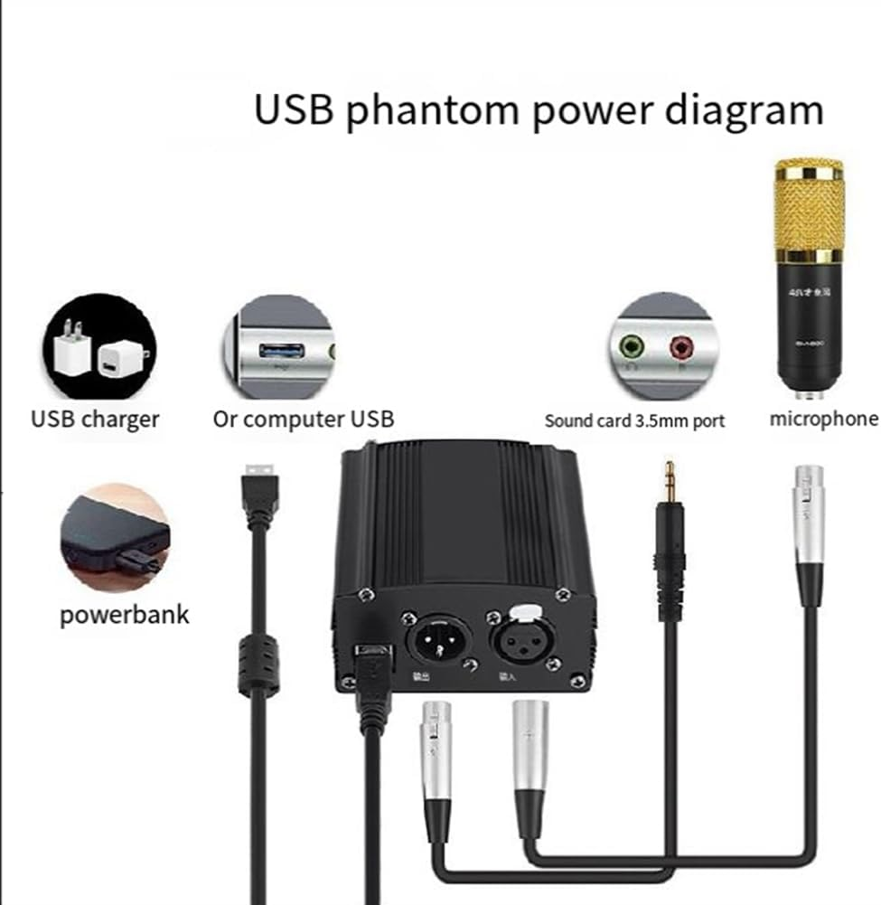 1-Channel 48V Phantom Power Supply with XLR 3 Pin Microphone Cable for Music Recording Equipment image number 2