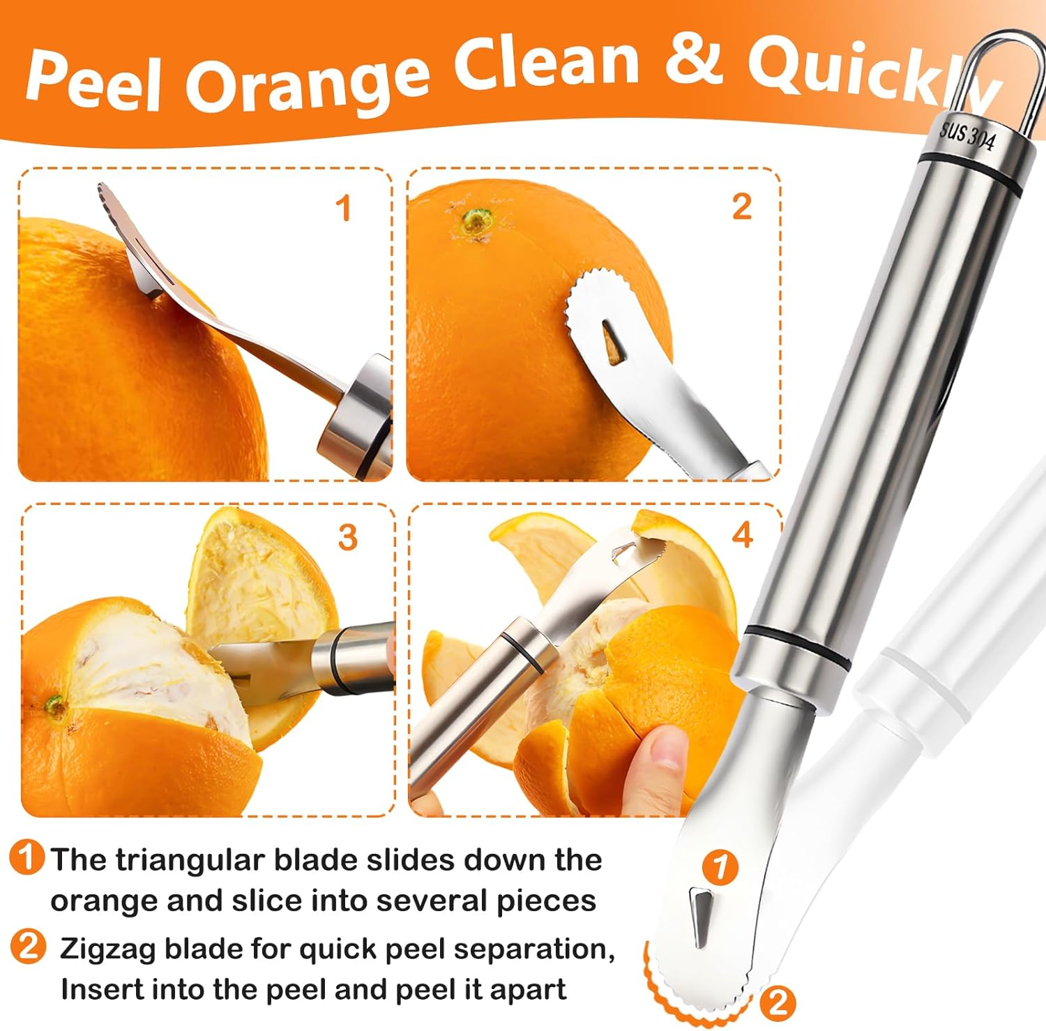 Stainless Steel Orange Peeler | Easy to Peel | Long Handle Orange Citrus Peeler Tool | Triangular-Blade & Zigzag-Shovel Orange Peeler Gadget image number 2