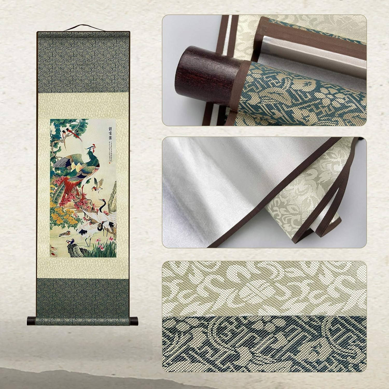 Silk Scroll Painting Asian Wall Decor Birds - Hundred Birds Respect the Phoenix Beautiful Chinese Art Wall Scroll Hanging Painting Scroll Oriental Decor(39 X 12 In) image number 1