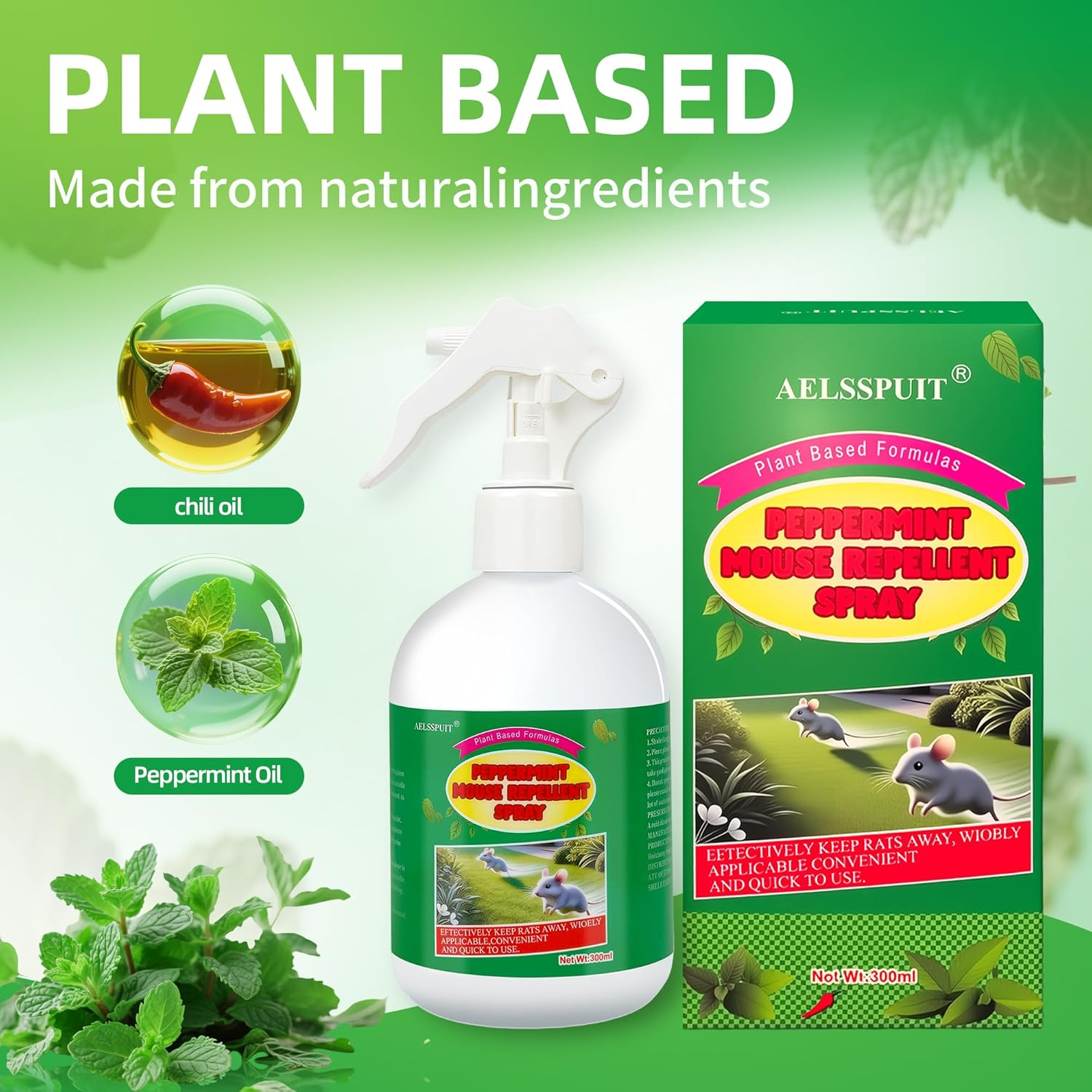 Peppermint Oil Rat Deterrent Control Spray - Long Lasting Rodent Deterrent for Cars, Natural & Safe Mouse Repellent, Easy Application (300ML)