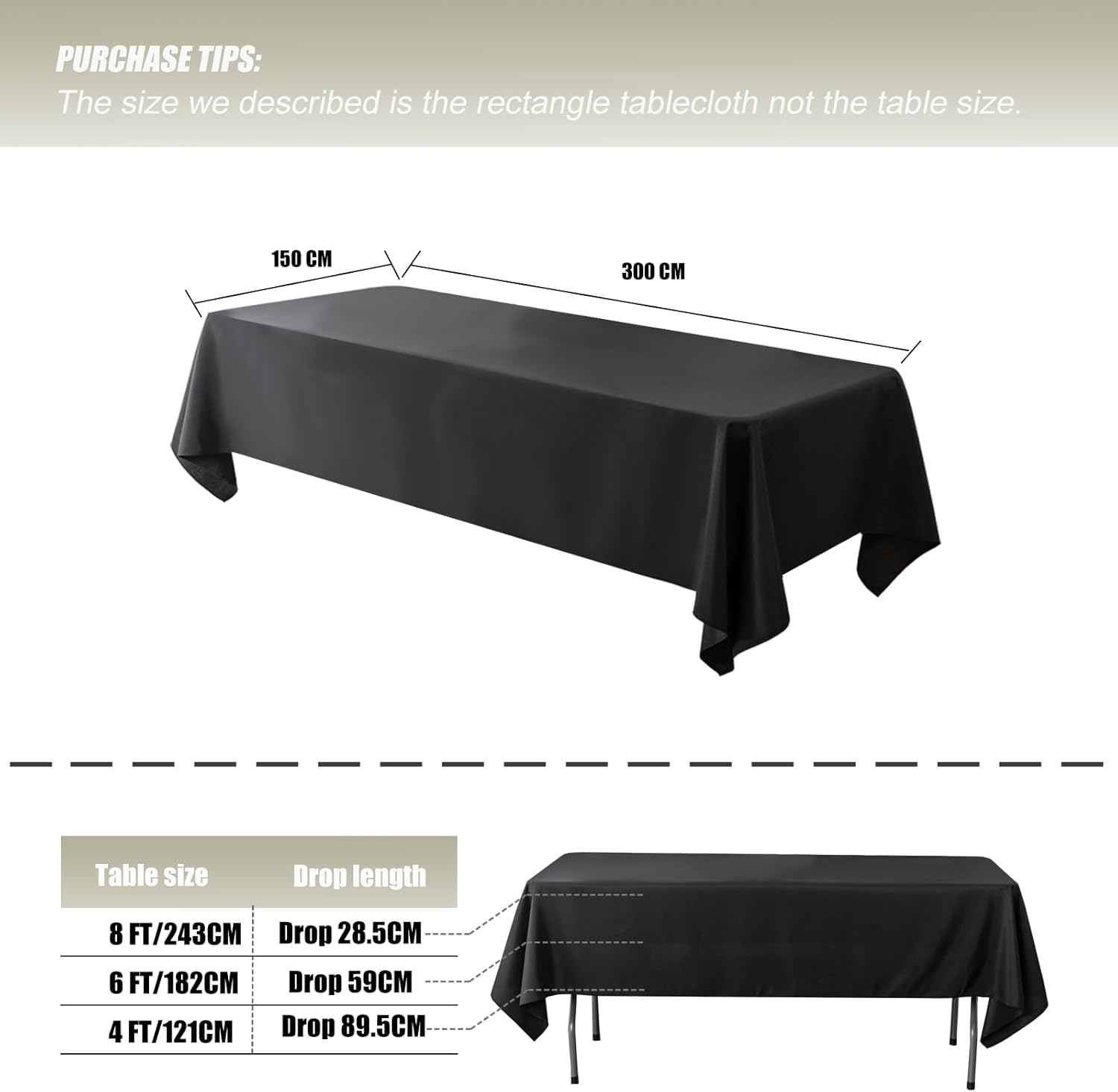 4 Pack Tablecloths for Rectangle Tables, 150 X 300 CM -Reusable and Washable Table Clothes, Polyester Fabric Table Covers for Wedding, Party, Banquet (4, Black) image number 1
