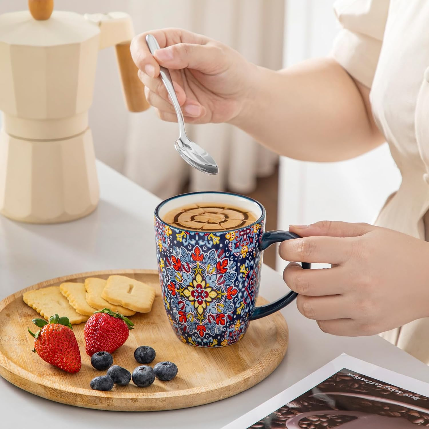 Vancasso 12 Oz Coffee Mugs Set of 6, Ceramic Mug with Handle, Boho Coffee Cups for Latte, Cappuccino & Hot Chocolate, Dishwasher & Microwave Safe Gift Set, Series SIMI image number 4