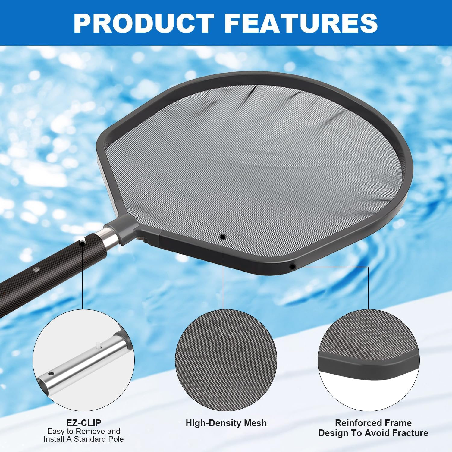 DOBEN Pool Skimmer, Premium Frame Leaf Skimmer Net Head Cleaner for Swimming Pool, Heavy Duty Pool Skimmer Net Perfect for Pools, Spas, Hot Tubs, Ponds (Pole Not Included) image number 2