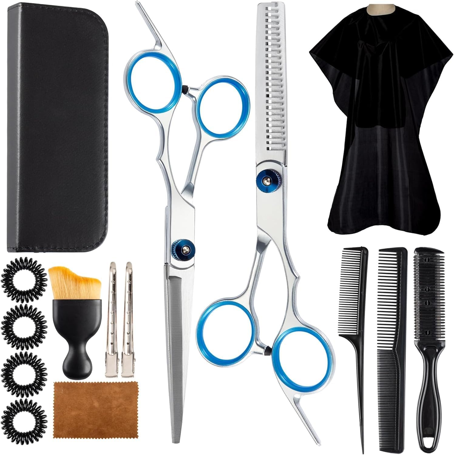 Professional Hair Cutting Scissors-15 Pcs Barber Thinning Scissors Hairdressing Shears Stainless Steel Barber Haircut Scissors Hair Cutting Kit with Cape Clips Comb Hair Band for Women, Men image number 2