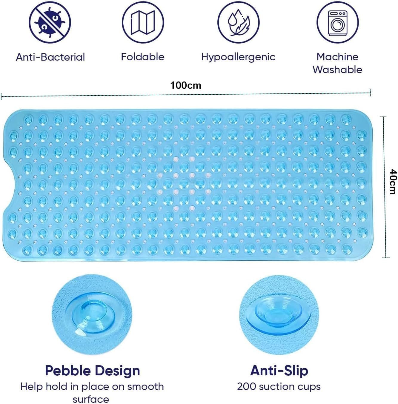 Non Slip Bath Mat, 100 X 40Cm Extra Long Shower Mat anti Mould, Machine Washable, Soft PVC Antibacterial Bathmat for Tub with Suction Cups & Drain Holes, Quick-Dry, Bath Mat for Bathroom (Clear Blue) image number 1