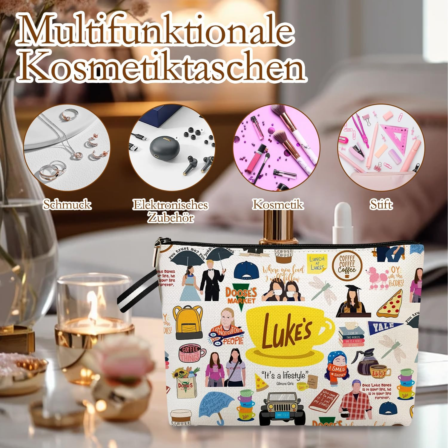 Gilmore Cosmetic Bag Gilmore Girls Fan Item Gifts for Gilmore Fans Luker'S Dinner Inspired Gifts Makeup Bag with Hand Strap Portable Toiletry Bag Women for Travel Everyday Life, Multicoloured, Stylish image number 3