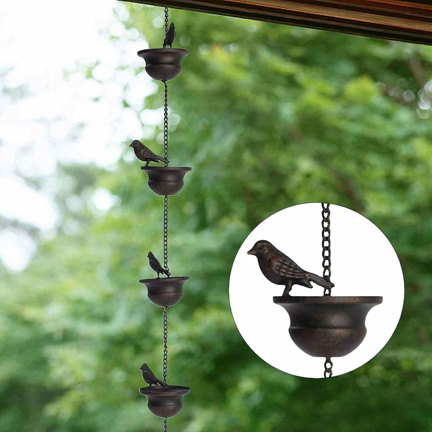 Steel Leaf Rain Chain, Garden Mom, Gutters, Rain Catcher for Downspout with Adapter, Thick Flower Cups a (Bronze Bird A) image number 4