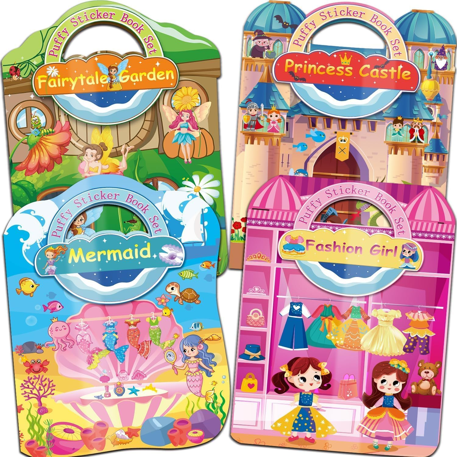 4 Set 3D Reusable Puffy Sticker Books for Kids 3-8, Stickers Pads for Kids Ages 2-4, Include Fashion Girl, Mermaid, Princess Castle, Fairytale Garden, Girls Party Favors image number 4