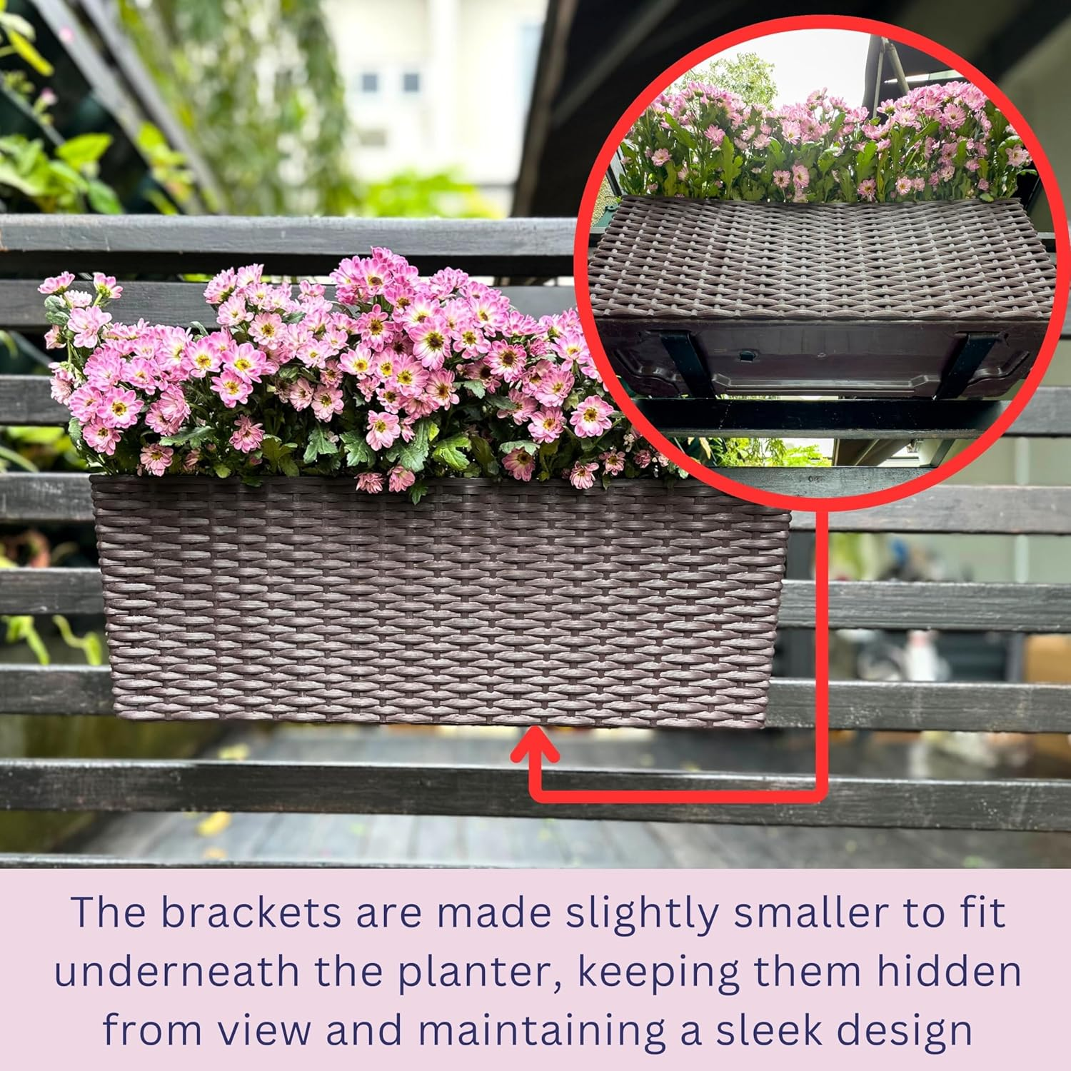 Lalagreen Outdoor Rail Planter for Balcony (2 Pack, 20 Inch) Large Black Self Watering Railing Planters with Brackets, Rectangular Plastic Window Flower Box Fence Designer Choice with Rattan Pattern image number 5
