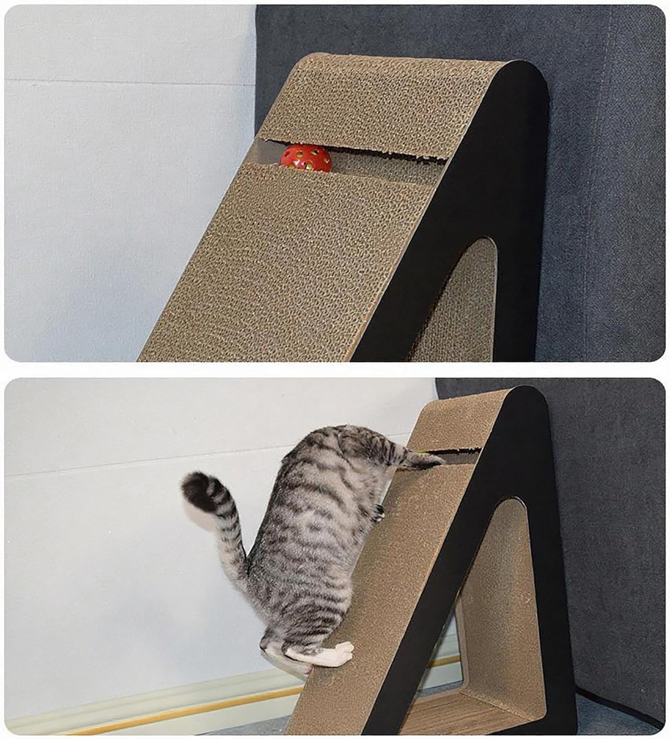 Triangle Cat Scratcher Lounge with Interactive Ball, Reversible Scratching Pad & Resting Bed for Indoor Cats, 38Cm Large Corrugated Cardboard Toy