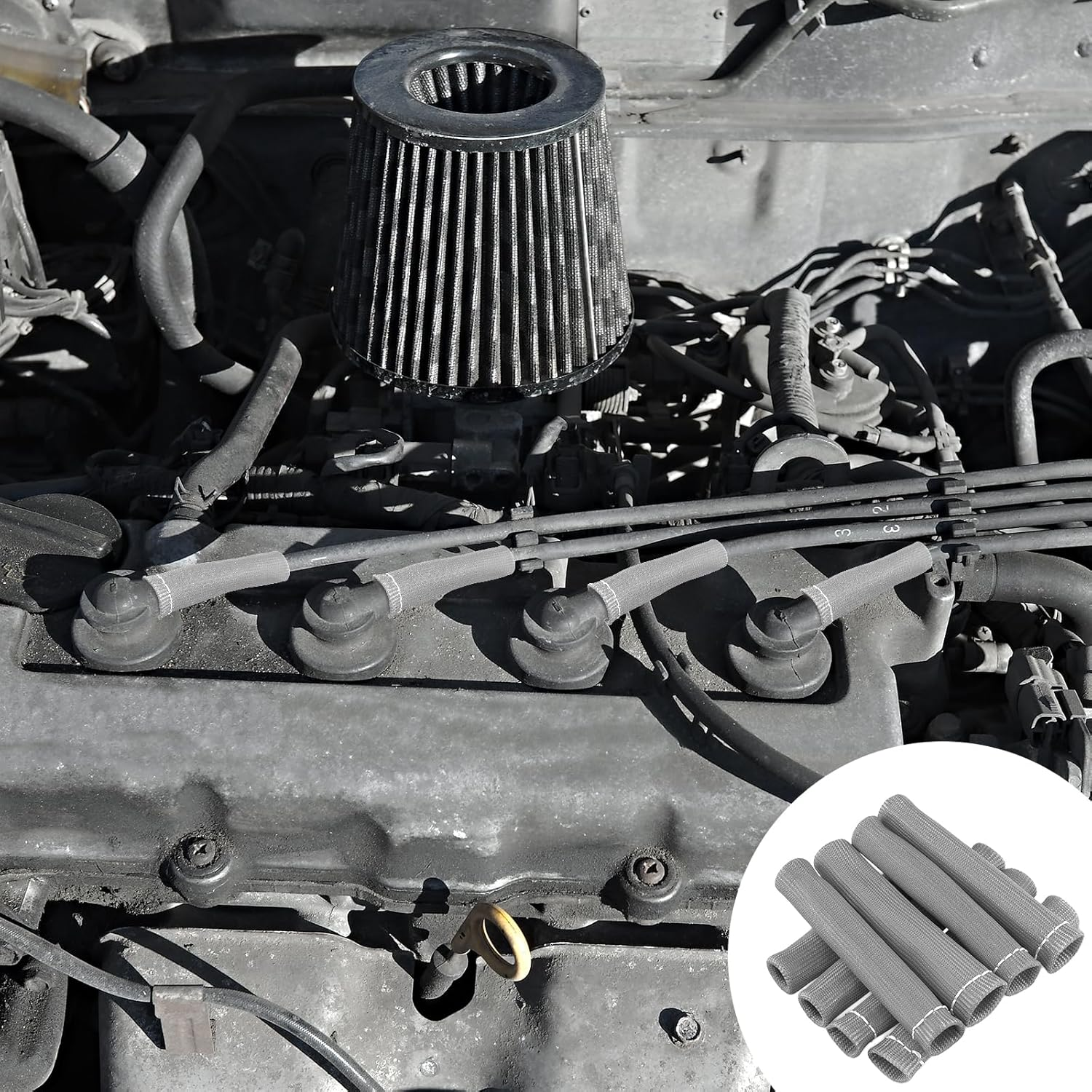 8Pcs Spark Plug Wire Heat Shields for Ford Chevrolet, 2500 Degree Spark Plug Wire Shield Protector Boots Thermal Protection Insulator Wrap Sleeve Cover for LS1 / LS2 SBC BBC 350 454(Silver Gray) image number 2