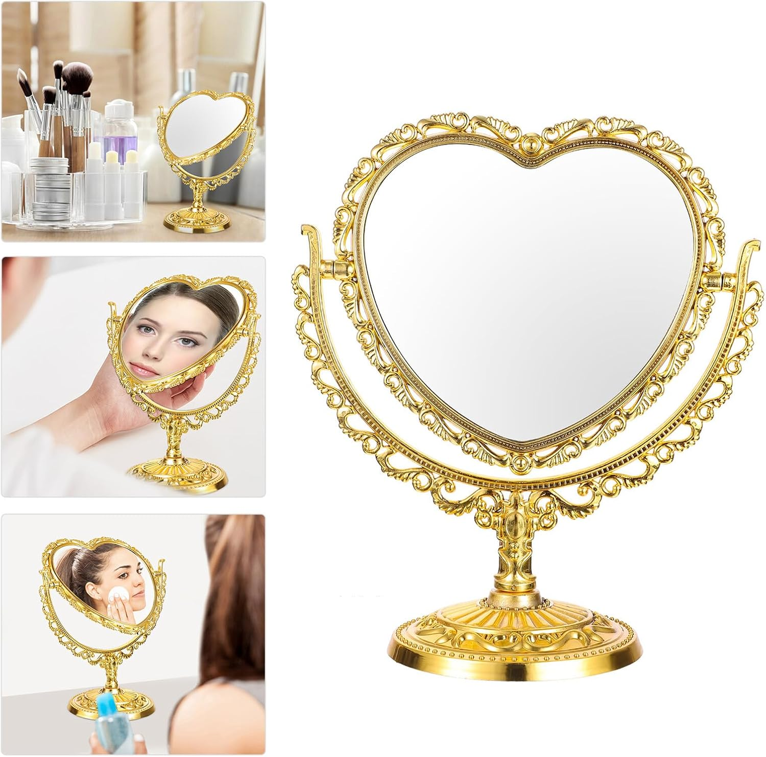 TEHAUX Vintage Heart-Shaped Desktop Makeup Mirror with Stand, Double-Sided Cosmetic Countertop Mirror in Gold, Suitable for Bathroom and Bedroom Vanity Use image number 3