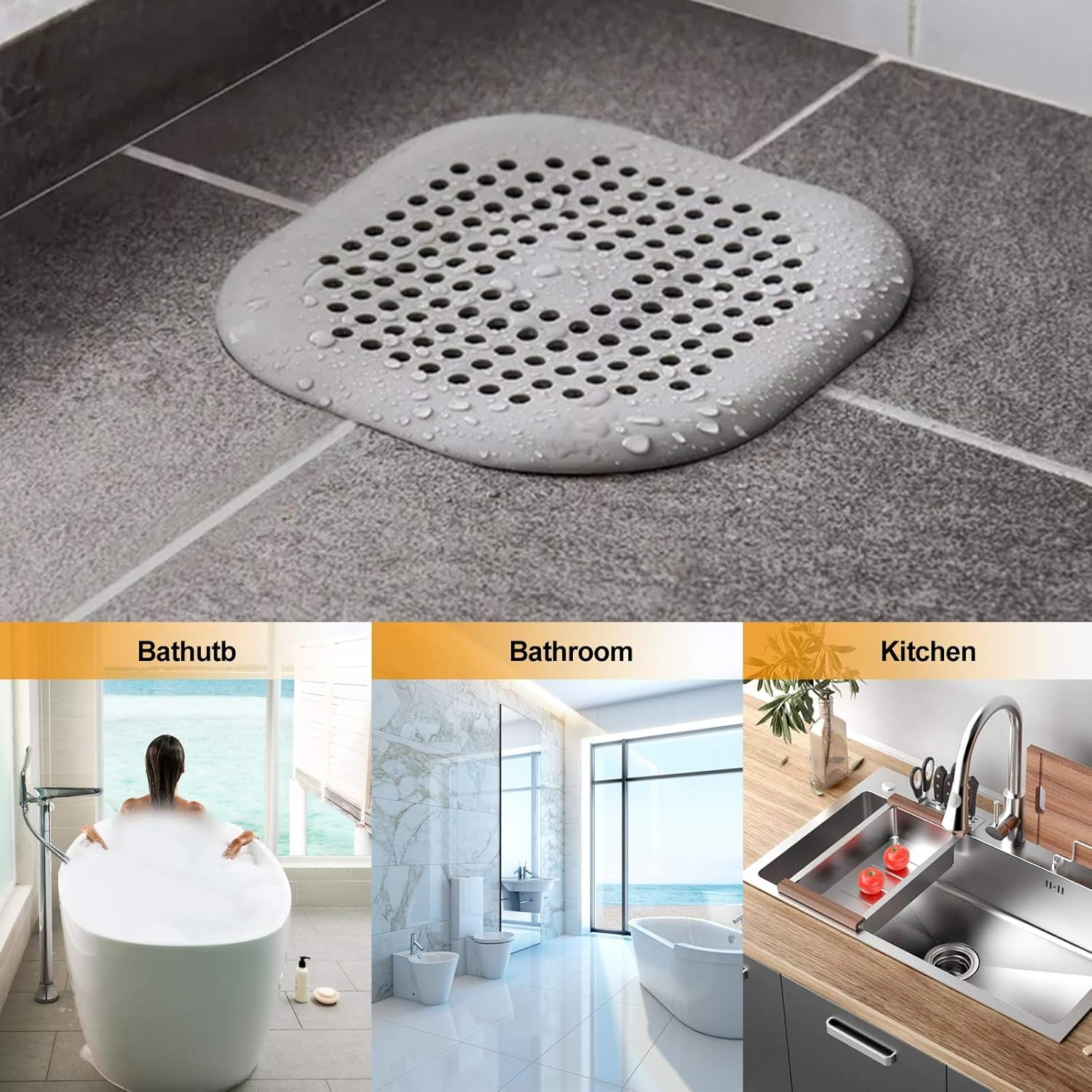 Bovinde Hair Catcher,Square Hair Drain Cover for Shower Silicone Hair Stopper with Suction Cup,Easy to Install Suit for Bathroom,Bathtub,Kitchen(Grey 4 Pack) - Aluminium Grey image number 4