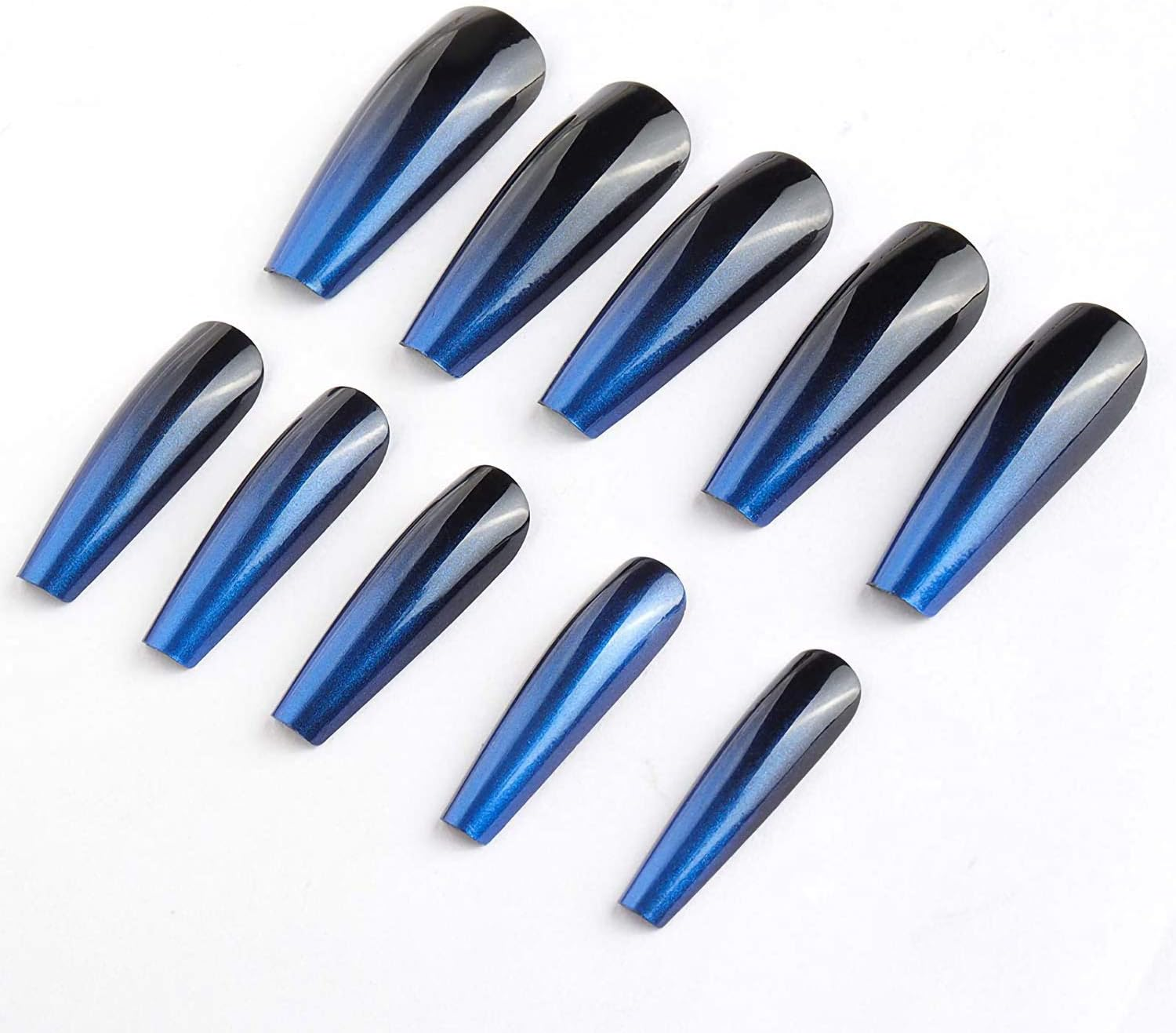 24PCS Extra Long Black Blue Press on Nails,Glossy Gradient False Nail Full Cover Coffin Ballerina Nails Tips for Women Girls Party Salon image number 4