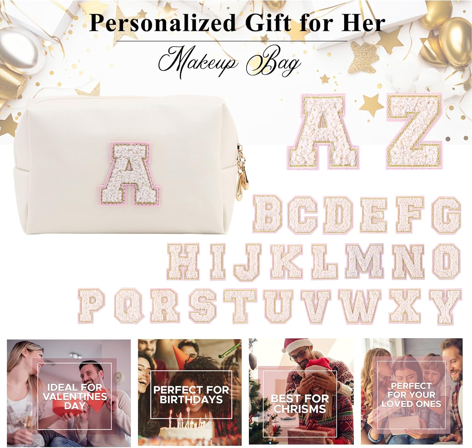 Personalized Initial Makeup Bag Cute Makeup Bag Chenille Letter Waterproof Zipper Cosmetic Bags for Women, Preppy Makeup Pouch Travel Toiletry Bag Organizer Birthday Gift for Girls, Beige-Pink, N image number 4