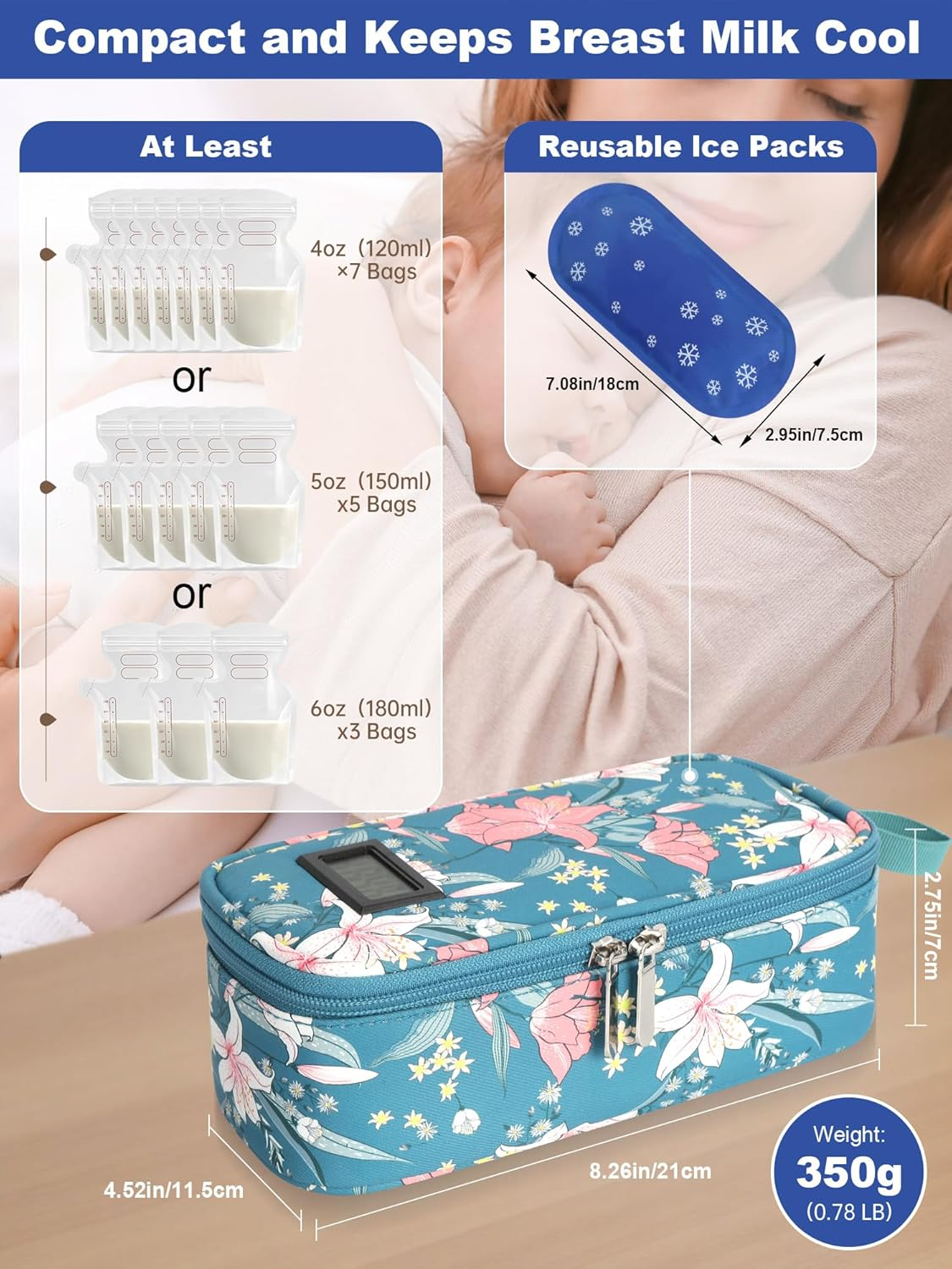 YOUSHARES Breastmilk Cooler Case - Breast Milk Cooler Travel Bag, Real-Time Temperature Display, Holds 4-6 Breastmilk Storage Bag with 2 Breast Milk Ice Pack for Moms on the Go(Lily)