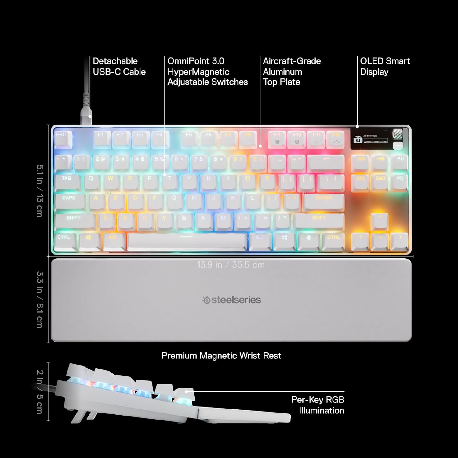 Steelseries Apex Pro TKL Gen 3 White - Hypermagnetic Gaming Keyboard - Adjustable Actuation - Rapid Trigger - Game-Ready Presets - Protection Mode - Rapid Tap/Socd - OLED - English Layout QWERTY image number 3
