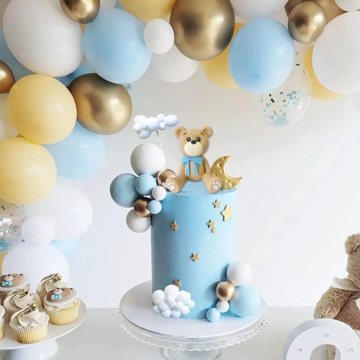 33 PCS Bear Cake Toppers Bear Balls Cake Decorations with Stars Clouds Cake Toppers for Boy Girl Baby Shower Birthday Party Decorations (Blue Ball Bear) - Pastel image number 2
