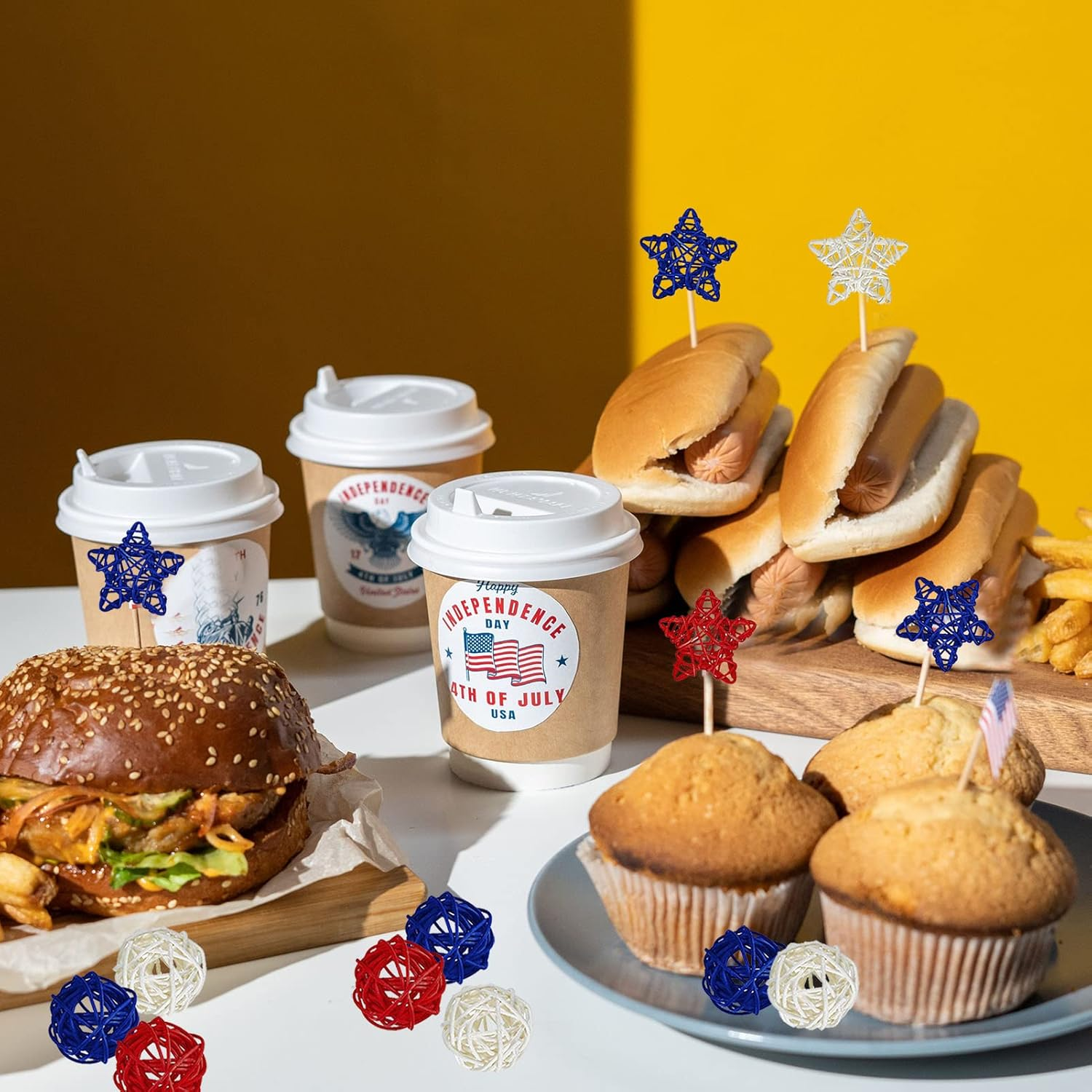 OZIO-US 4Th of July Star Rattan Decoration, Red Blue White Stars for 4Th of July Independence Day Home Decor DIY Craft Vase Bowl Filler Table Decoration