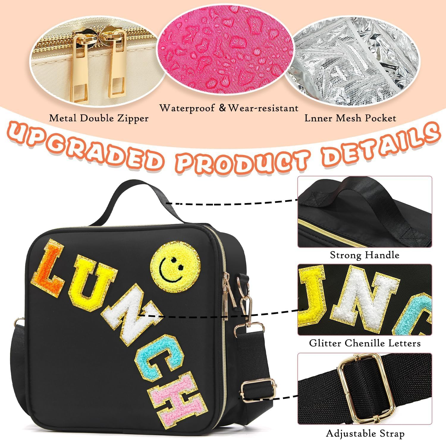 Insulated Lunch Bag Women Lunch Box Kids for Teen Girls Boys, Cute Preppy Lunch Boxes with Adjustable Shoulder Strap, Waterproof Nylon Lunchbox Lunch Bags for School Work Picnic image number 5