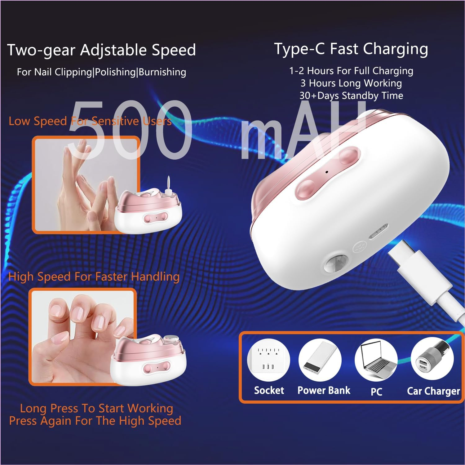 4 in 1 Automatic Electric Nail Clipper & Polisher with Built-In Storage, LED Light, 2 Speeds &ndash; Toenail Trimmer for Baby/Seniors, Ideal Gift for Family and Friends (Grey)