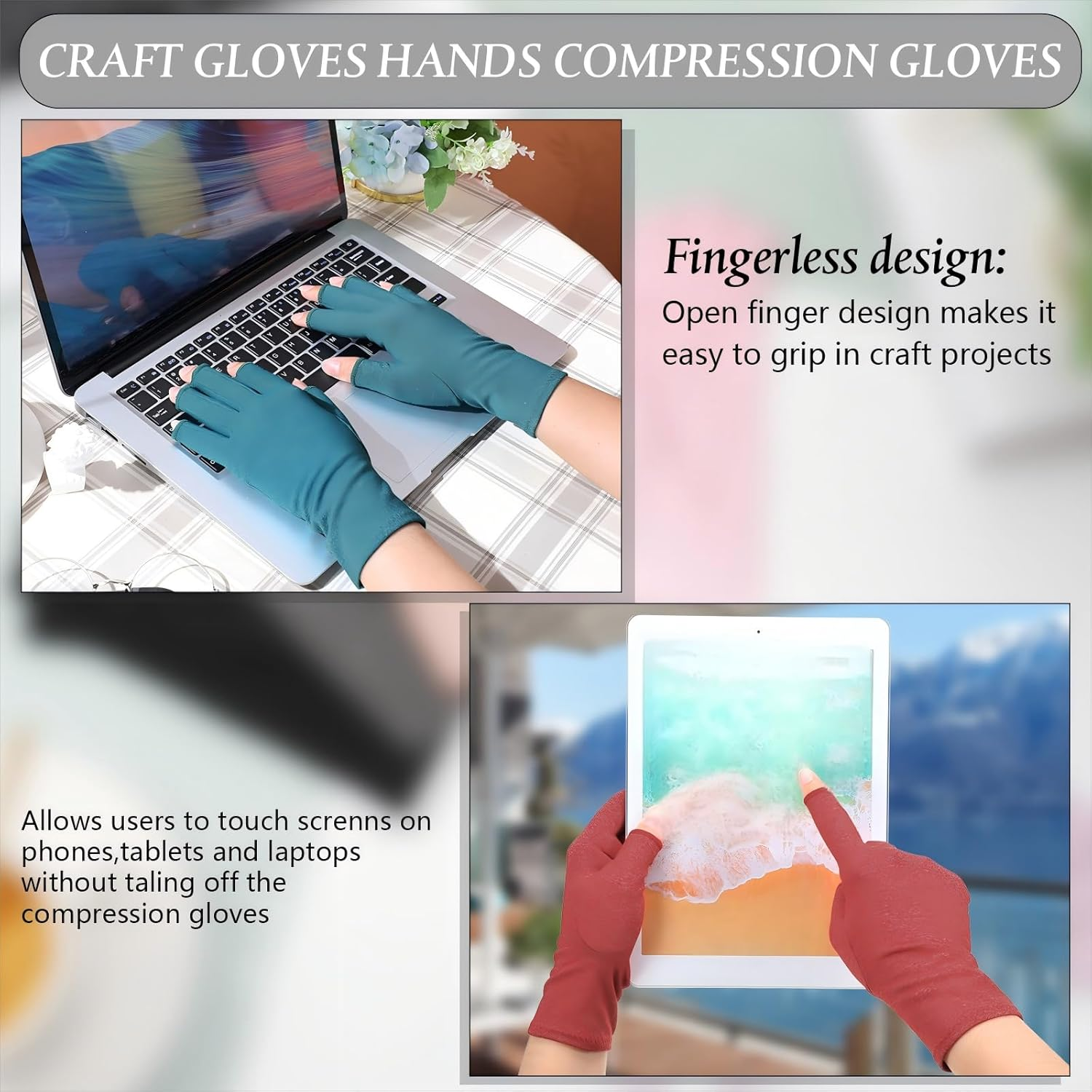 Crowye 8 Pairs Arthritis Compression Gloves Relieve Muscle Pain Fingerless Gloves Bulk Typing Gloves for Women Men image number 5