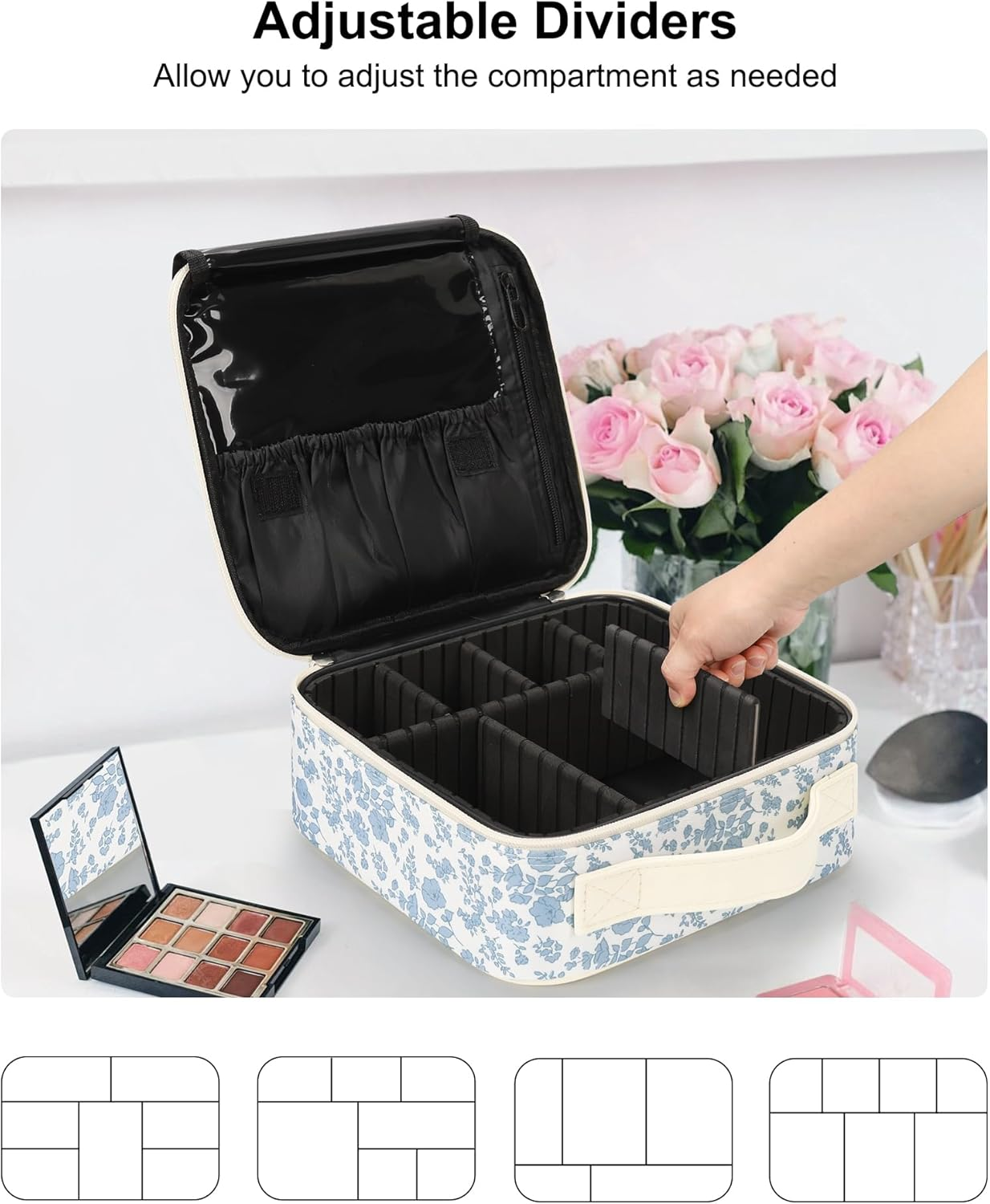 Travel Makeup Case, Professional Makeup Artist Makeup Bag, Portable Makeup Train Case Organizer with Adjustable Dividers, Cute Cosmetic Bags Birthday Gifts for Girls and Women, Floral Print image number 6