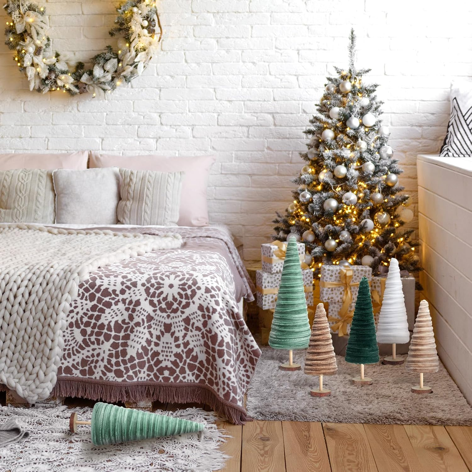 Kigley 5 Pcs Christmas Velvet Trees Set Neutral Christmas Decoration Boho Christmas Cone Trees Flocked Tabletop Centerpieces Farmhouse Home Decorations for Kitchen Xmas Party Mantel Tiered Tray Gift image number 2