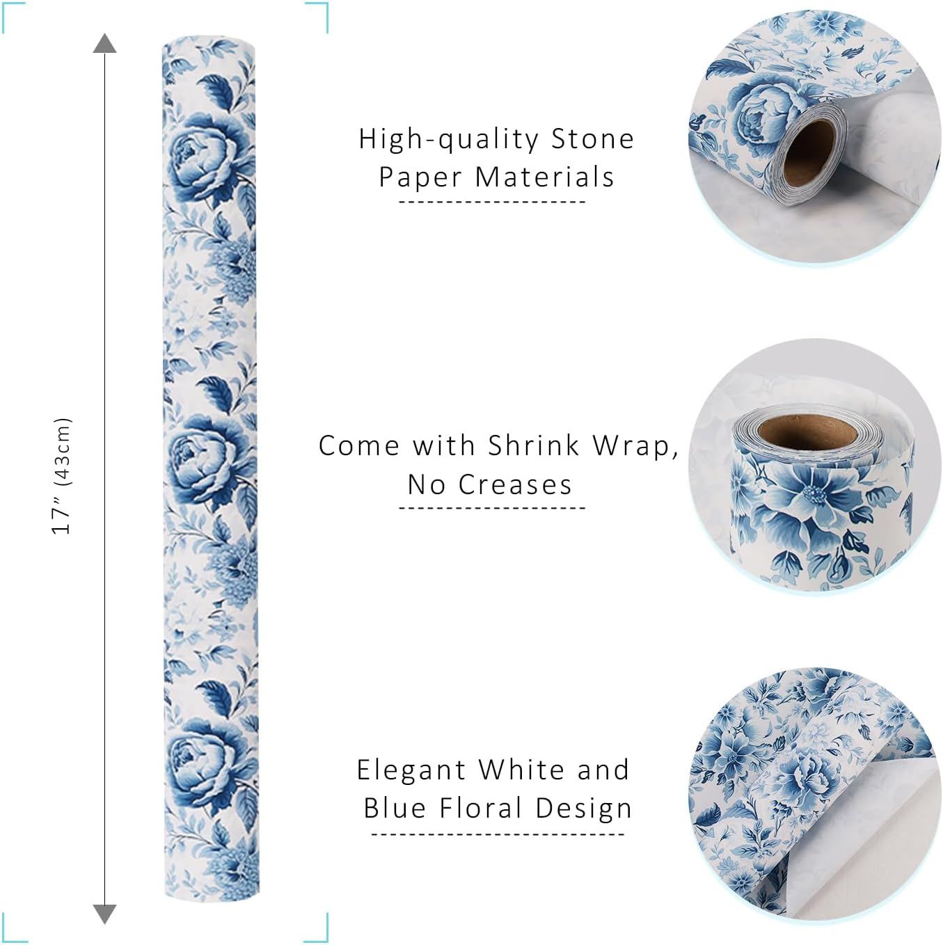 WRAPLA Floral Wrapping Paper Roll - 43Cmx10M Blue White Flowers Design Chinoiserie Gift Wrap Stone Paper for Wedding, Bridal Shower, Mothers Day(17In X 33Ft) - Pink Watercolor Rose image number 2